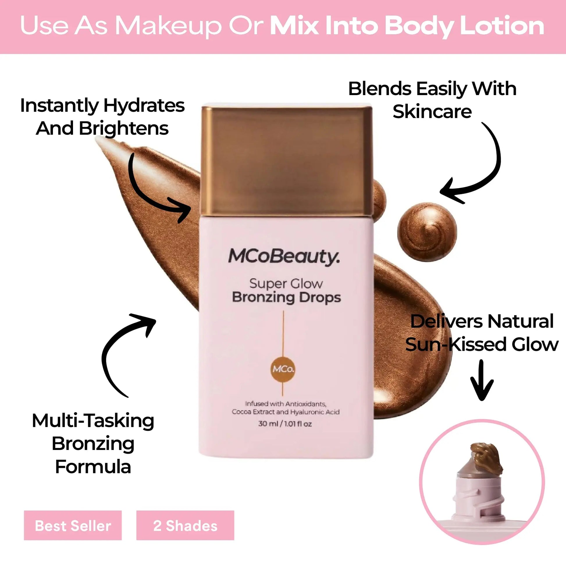 MCoBeauty - Super Glow Bronzing Drops - Effortless Face Tan with Shimmer Formula - Face Care, Bronze Drops - Contains Hyaluronic Acid, White Tea Extract, Cocoa Extract and More MCoBeauty uk supplements