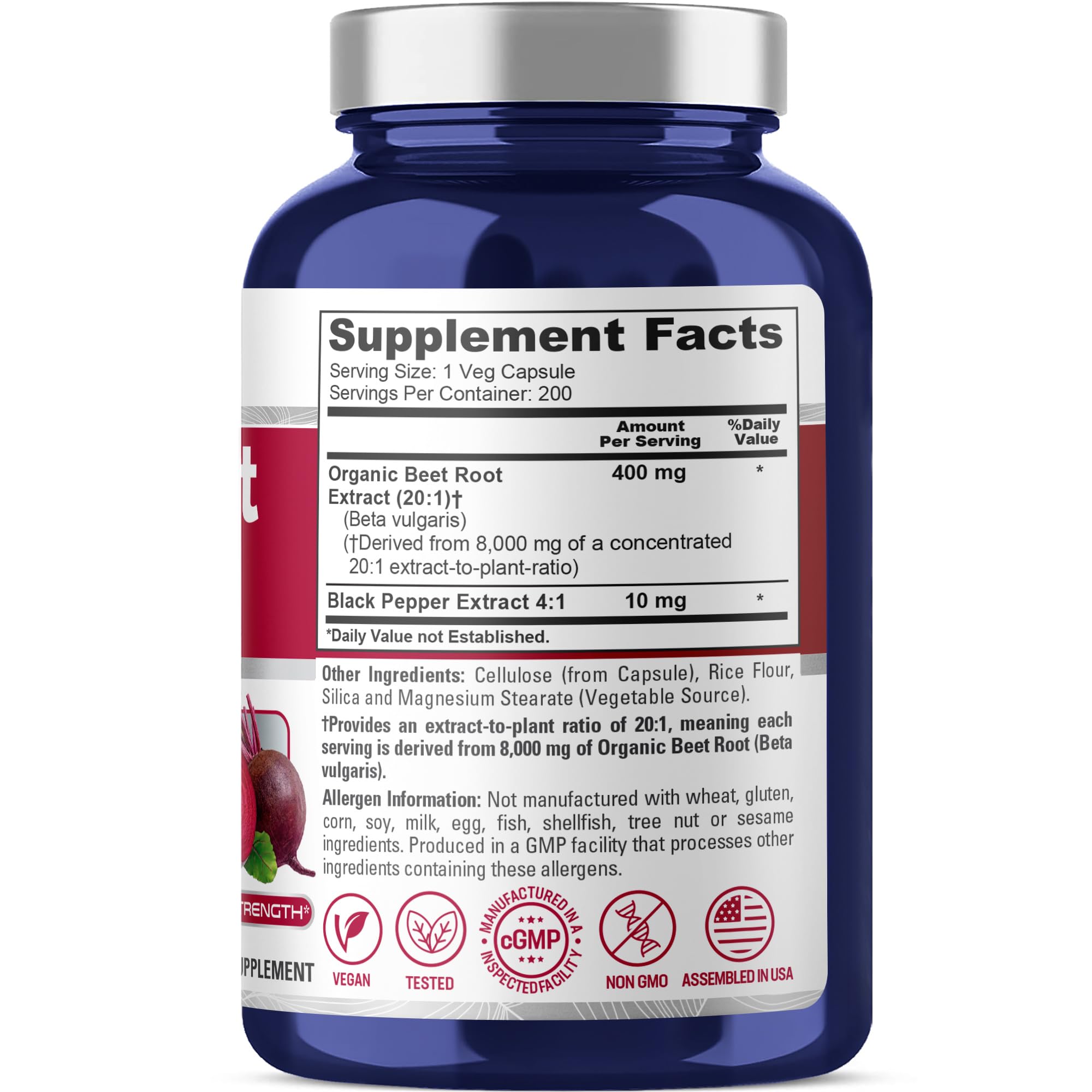 NusaPure Organic Beet Root 20:1 Extract, 400 mg Equivalent to 8,000 mg - Black Pepper 4:1 Extract, 10 mg - 200 Veggie caps (Vegan, Non-GMO) NusaPure uk supplements
