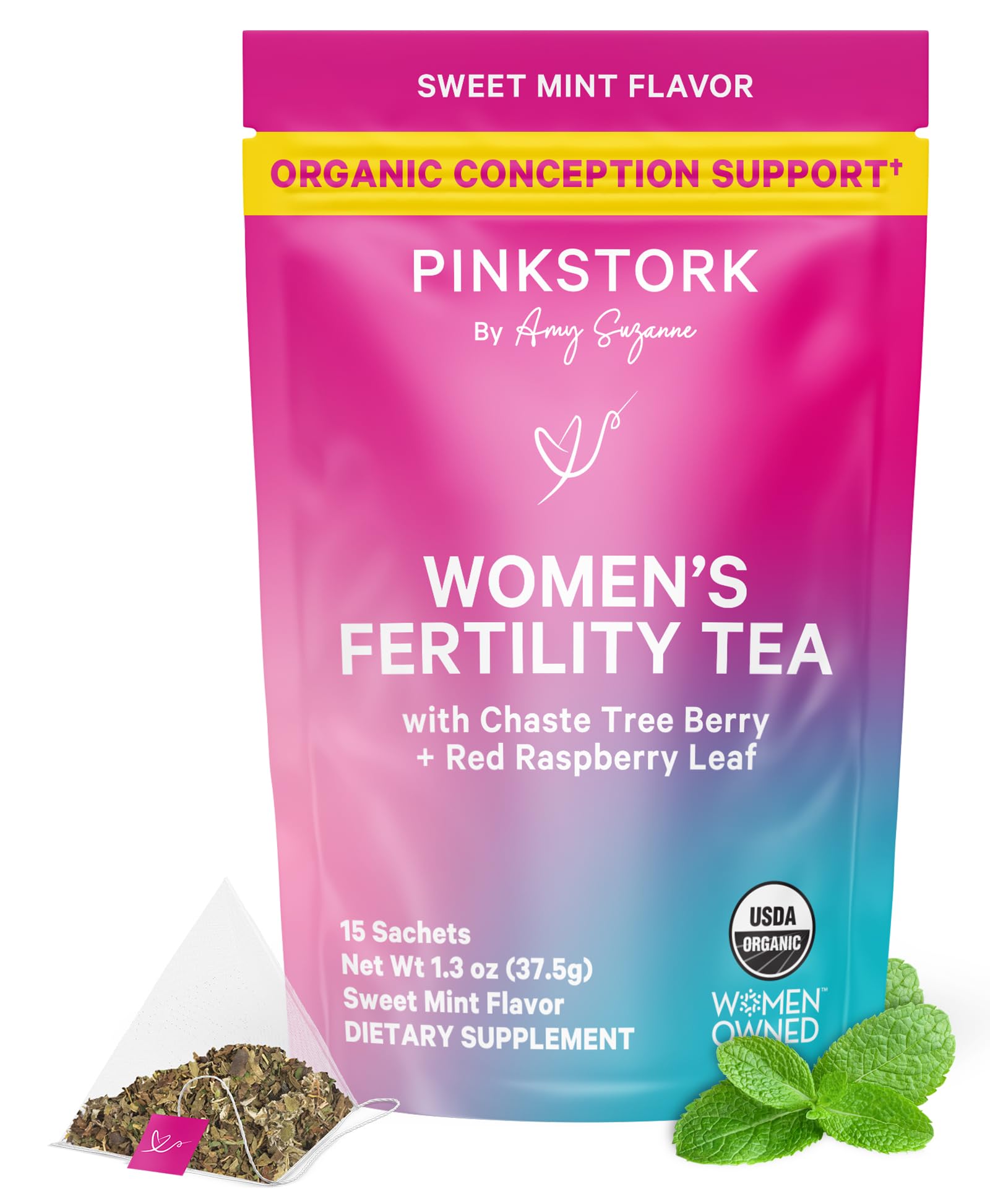 Pink Stork Organic Fertility Tea for Women | Fertility Supplements for Women with Chaste Tree Berry (Vitex) + Red Raspberry Leaf | Hormone Balance Herbal Tea for Conception Support | USDA Organic, Caffeine Free - Sweet Mint, 15 Sachets Pink Stork uk supplements