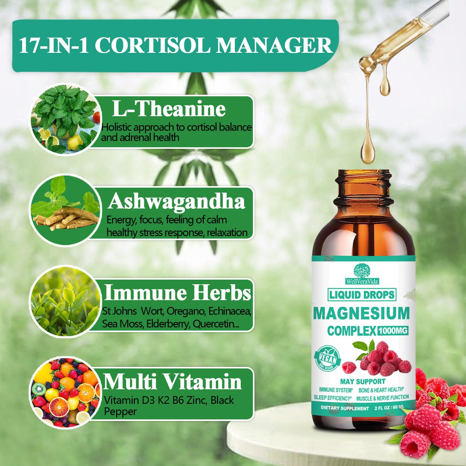 Cortisol Detox for Women & Men w. Super Calm 16-in-1 Magnesium, Theanine, Ashwagandha, St Johns Wort, Lemon Balm, Cortisol Wellness Liquid Drops for Balanced Cortisol, Harmone Balanced & Relaxation WellVeraVida uk supplements