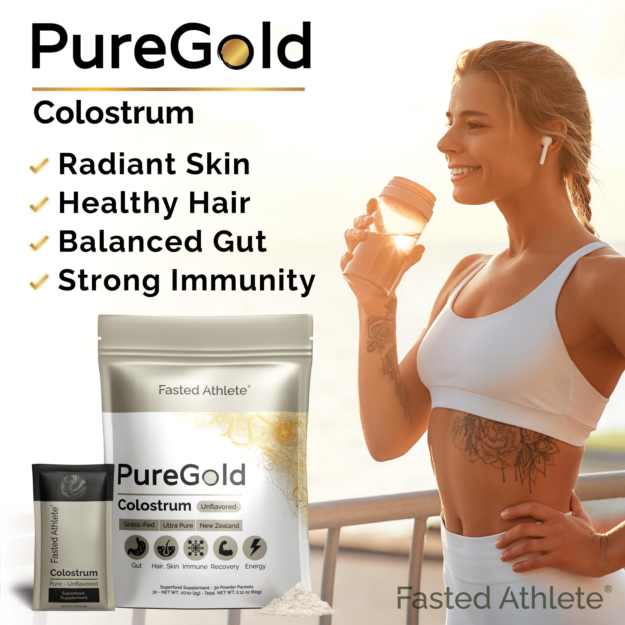 PureGold - Bovine Colostrum Powder - 100% Pure New Zealand Grass Fed, Supports Gut Health, Skin, Hair, & Immunity – Colostrum Supplement, Unflavored, 30 Travel Packets Fasted Athlete uk supplements