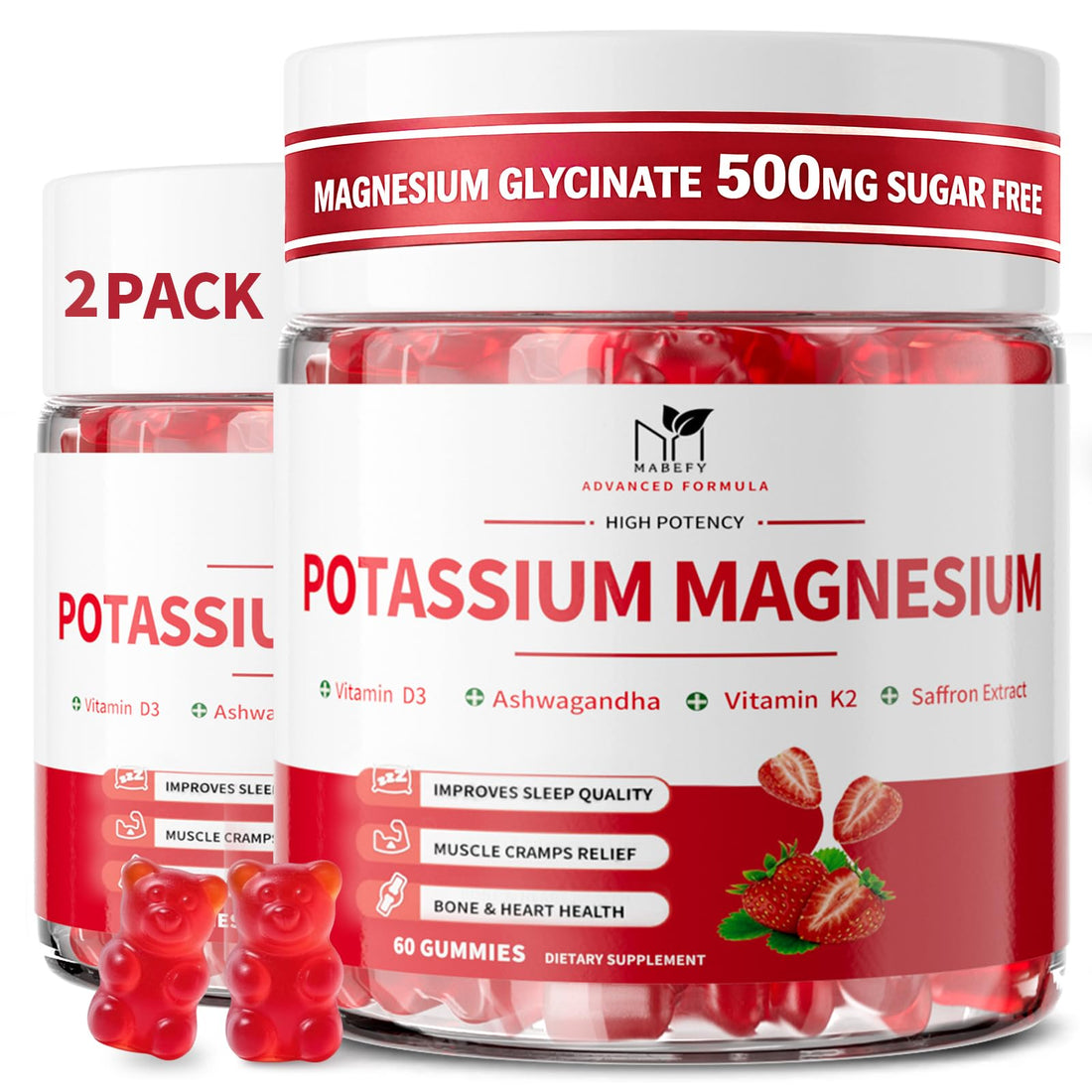 2 Pack Potassium Magnesium Gummies, Sugar Free Potassium Supplement Magnesium Glycinate 500mg, Ashwagandha, Vitamins D3, C, B6, Calcium & Zinc for Sleep, Leg Cramps & Muscle Relaxation-120 Count MABEFY uk supplements