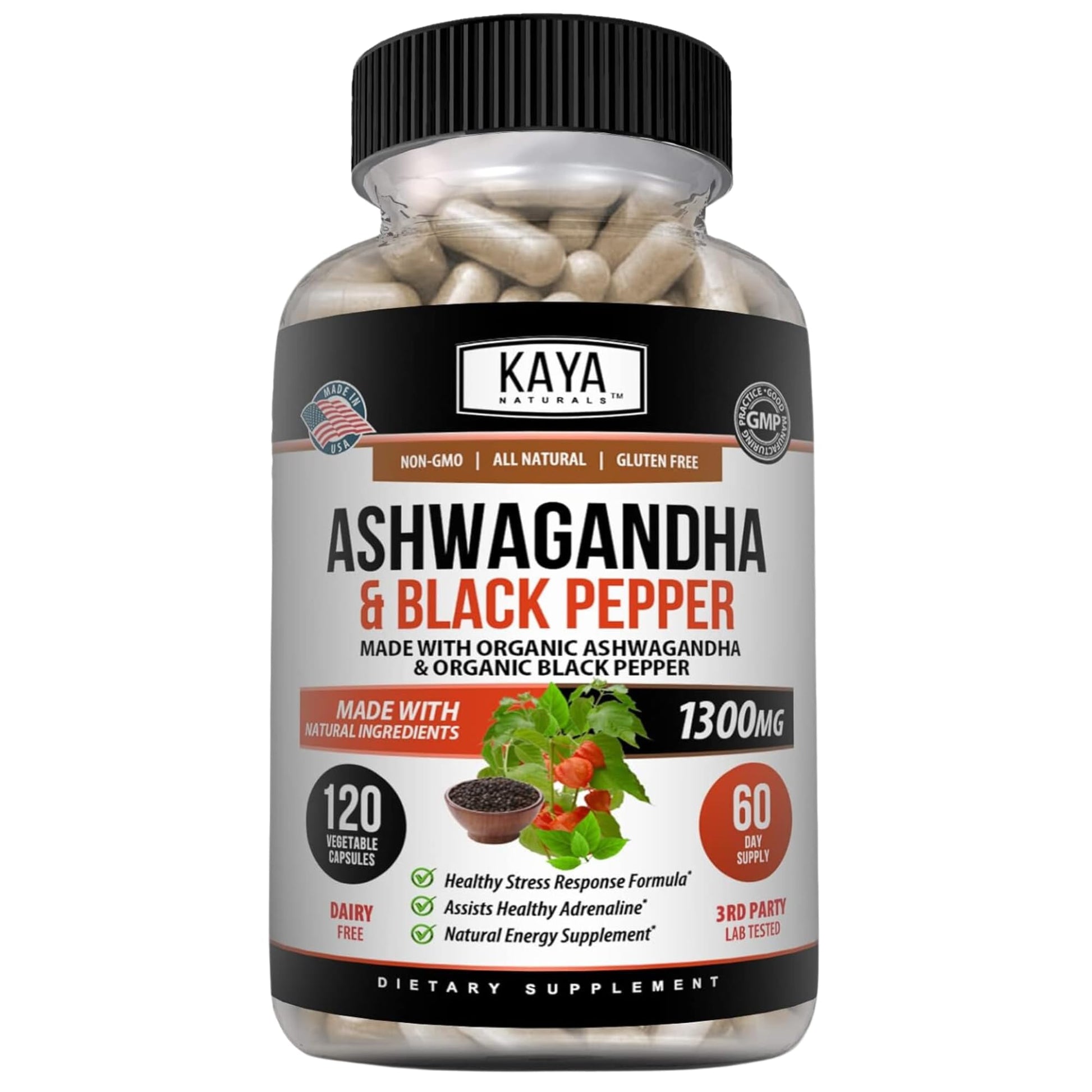 Kaya Naturals Ashwagandha 1300mg, 120 Count Capsules for Stress Relief, Adrenal, Mood & Thyroid Support, Black Pepper and 100% Pure Ashwagandha -120 Capsules Kaya Naturals uk supplements