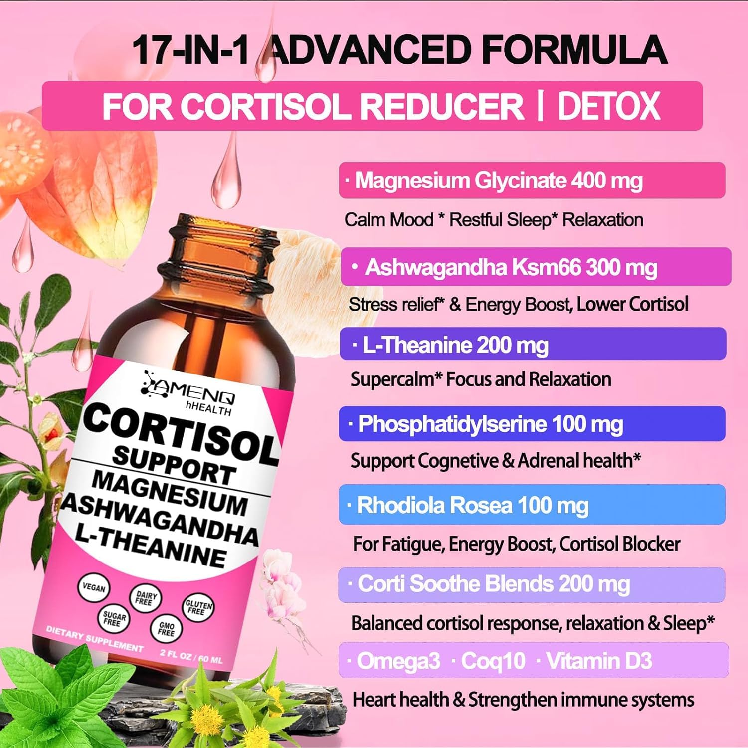 Cortisol Supplement Liquid Drops, 17-in-1 Cortisol Reducer w. Ksm-66 Ashwagandha Theanine Rhodiola Rosea Magnesium Phosphatidylserine, Hormone Balanced & Lower Cortisol for Women Calm* Relaxation AMENQ hHEALTH uk supplements