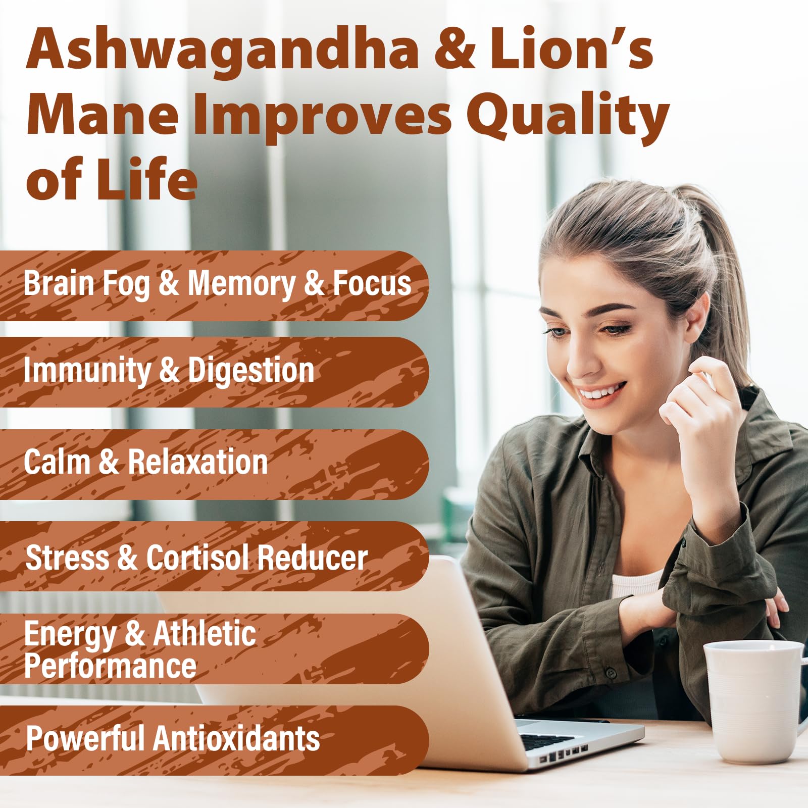 Liekoh Ashwagandha & Lions Mane Supplement Capsules, Brain Supplements for Memory and Focus, Ashwagandha Supplement with Rhodiola & Black Peppe, Cortisol Supplements for Women & Men,90 Caps Liekoh uk supplements