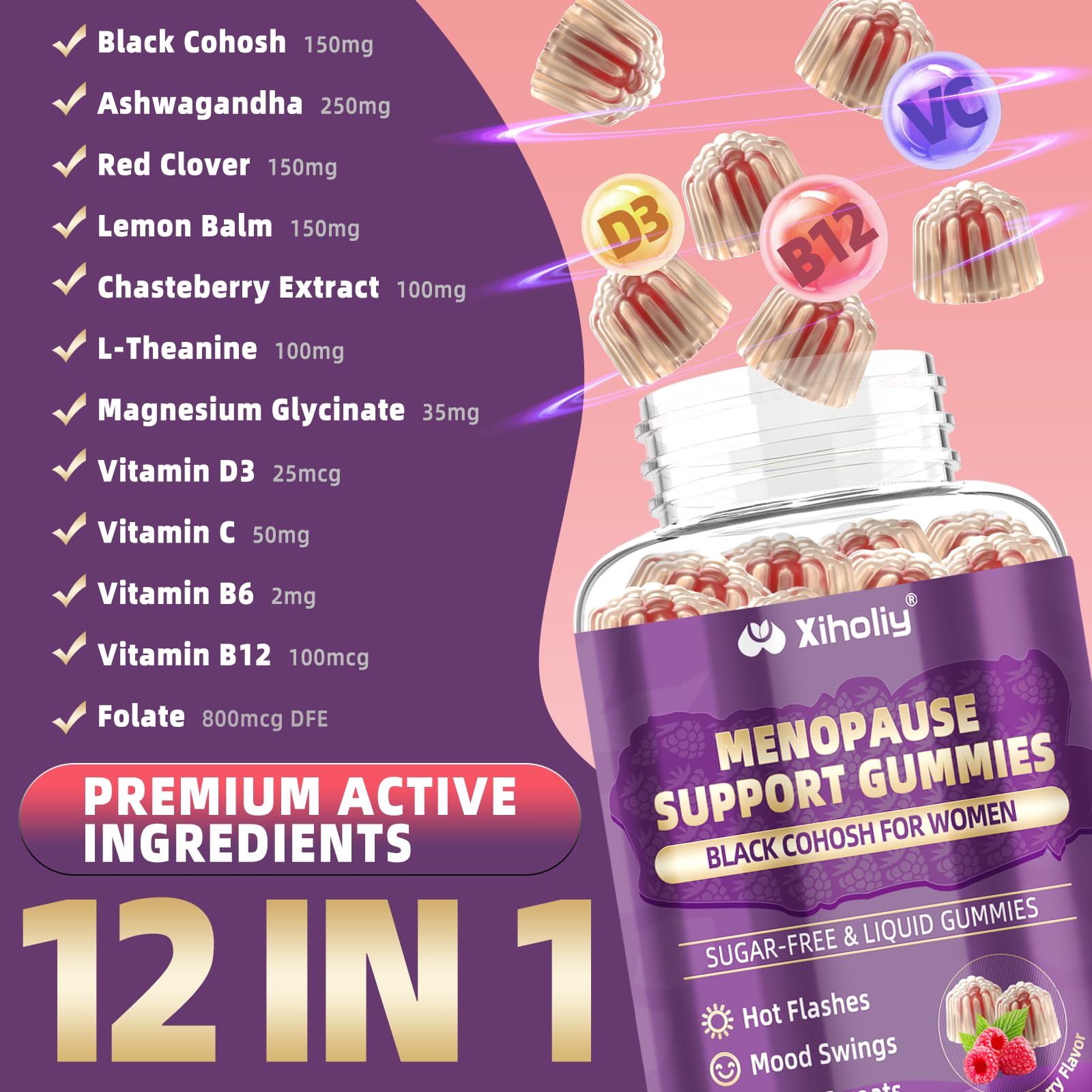 Menopause Supplements for Women with Black Cohosh, Menopause Relief Sugar Free Gummies for Hot Flashes, Natural Female Hormone Balance & Ashwagandha, Magnesium for Night Sweats, Mood Swings, 60 Count XIHOLIY uk supplements