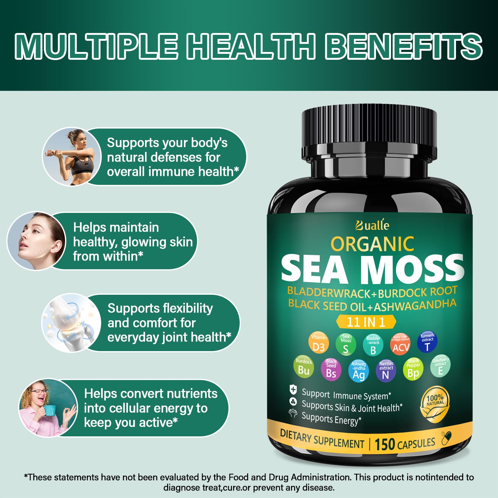 Bualle Irish Sea Moss Capsules – Organic Sea Moss, Black Seed Oil, Ashwagandha Supplements with Bladderwrack, Ginger & Burdock Root – Supports Daily Wellness, Skin & Energy – 150 Count (1 Pack) Bualle uk supplements