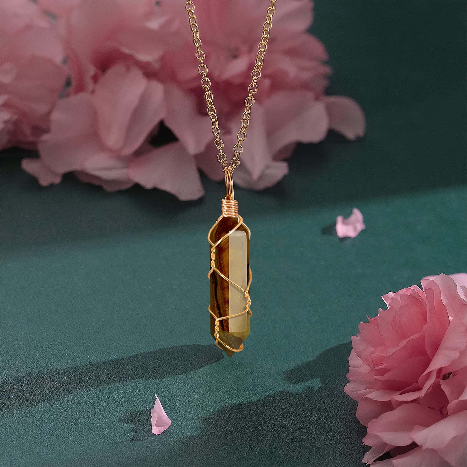 VIBILIA Healing Crystal Necklace Wire Wrapped Natural Tigerite Stone Point Pendant Necklace Hexagonal VIBILIA uk supplements