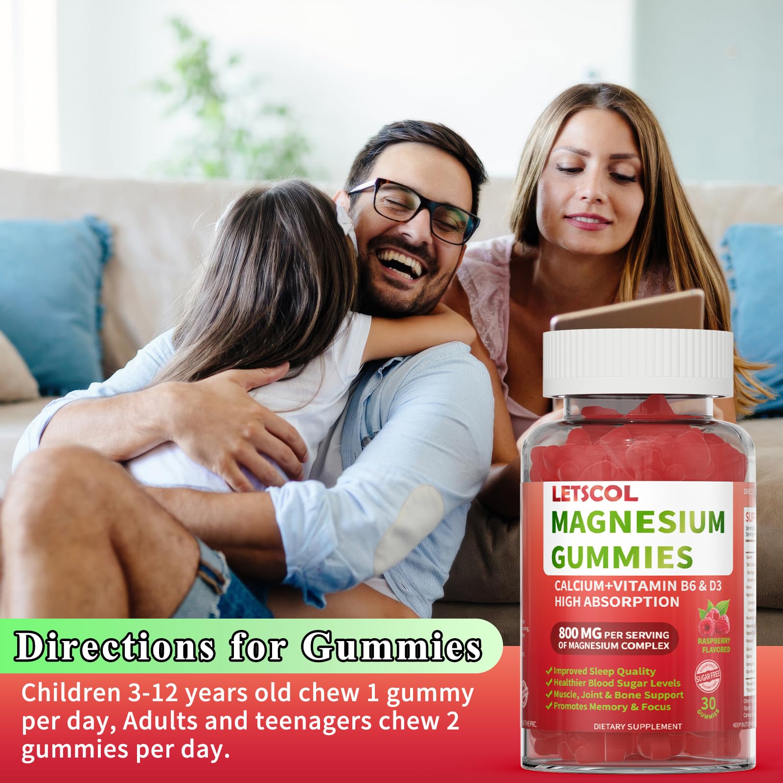 LETSCOL Magnesium Glycinate Gummies 800mg Per Serving, Sugar Free Magnesium Supplement with Magnesium Malate, Calcium, Vitamin D3, B6, CoQ10 for Calm Support & Zzz for Adults Kids LETSCOL uk supplements