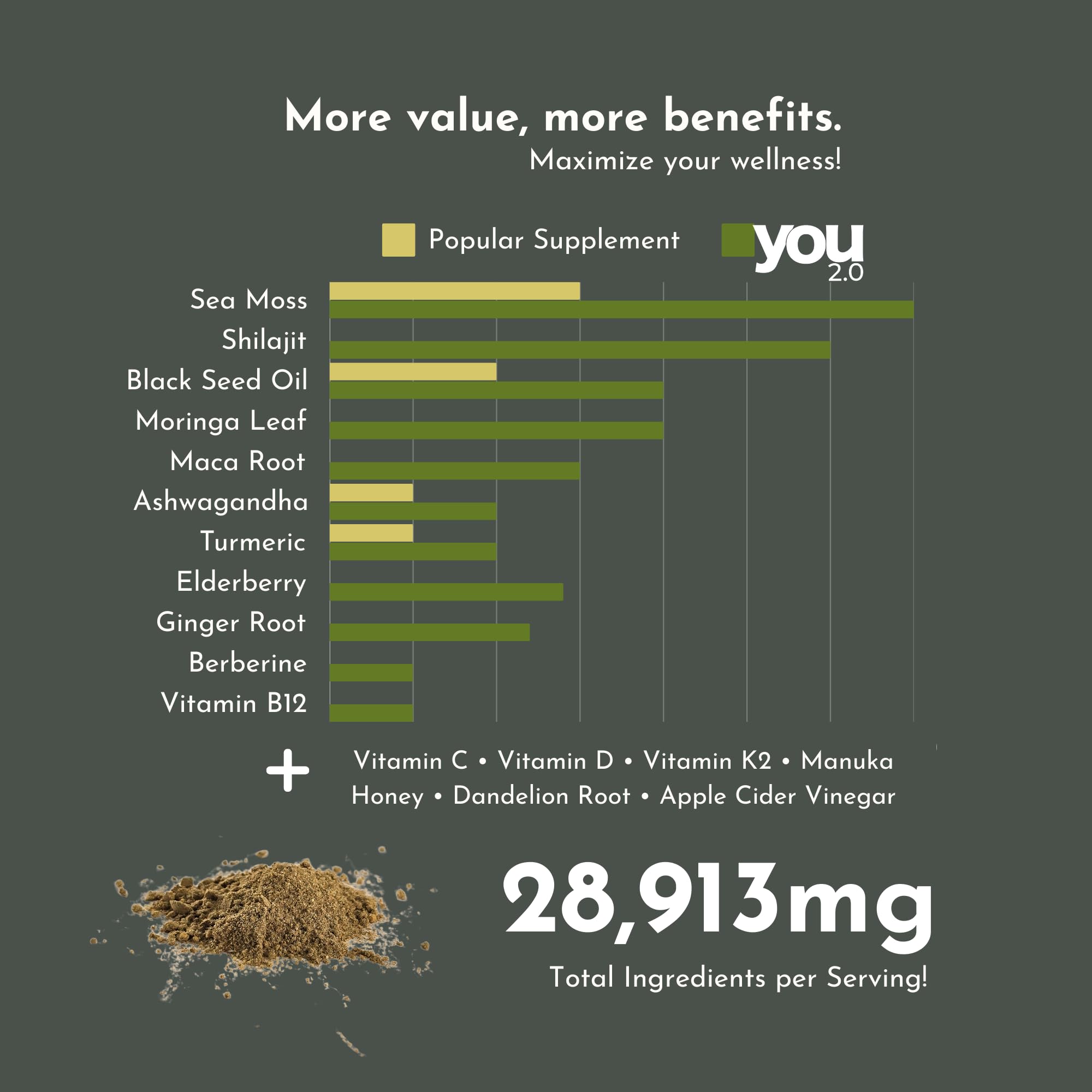 YOU 2.0 Powerhouse Superfood with Seamoss, Shilajit, Ashwagandha, Berberine, Maca, Black Seed Oil, Turmeric, Vitamin C, D, B12, K2 - Moringa, Apple Cider, Made in USA for Overall Health & Immunity YOU 2.0 uk supplements