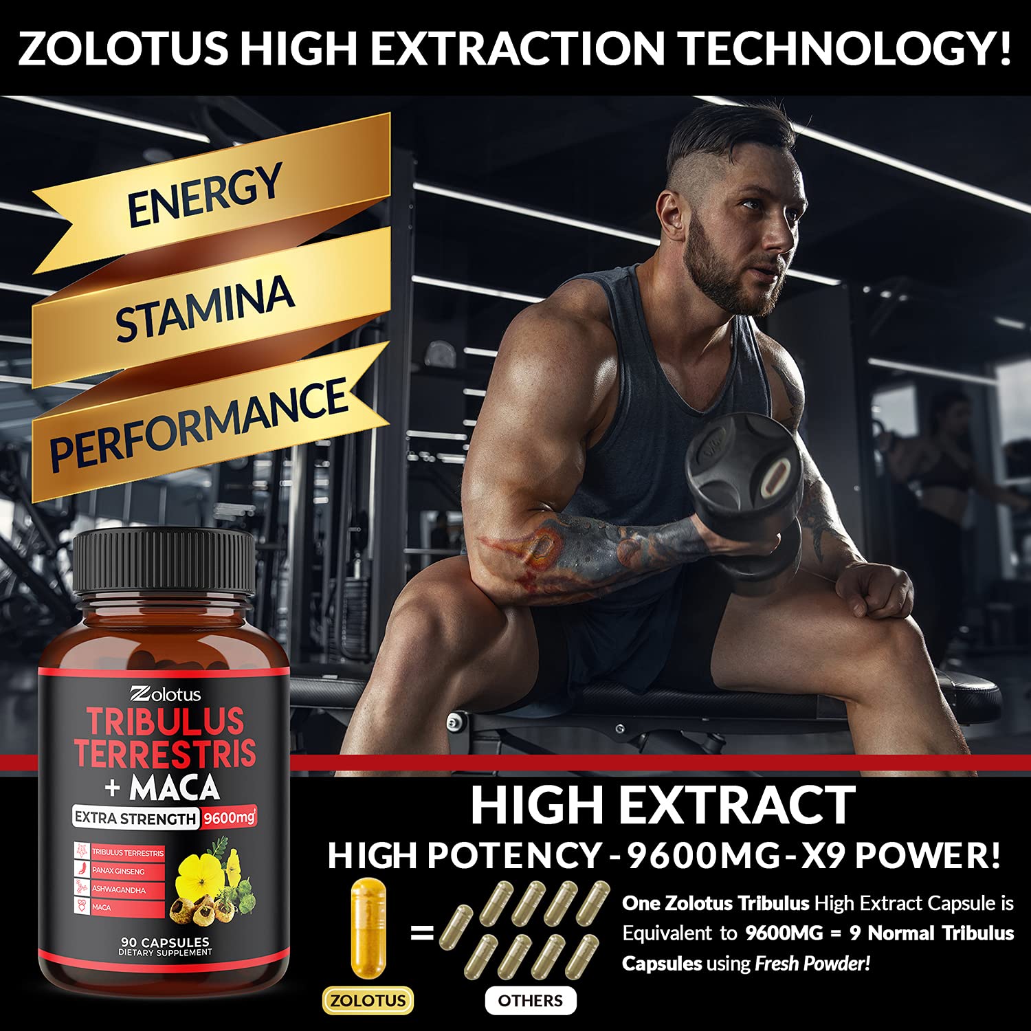 Zolotus Premium Tribulus Terrestris Capsules - 9600mg Per Serving - Combined Zolotus uk supplements