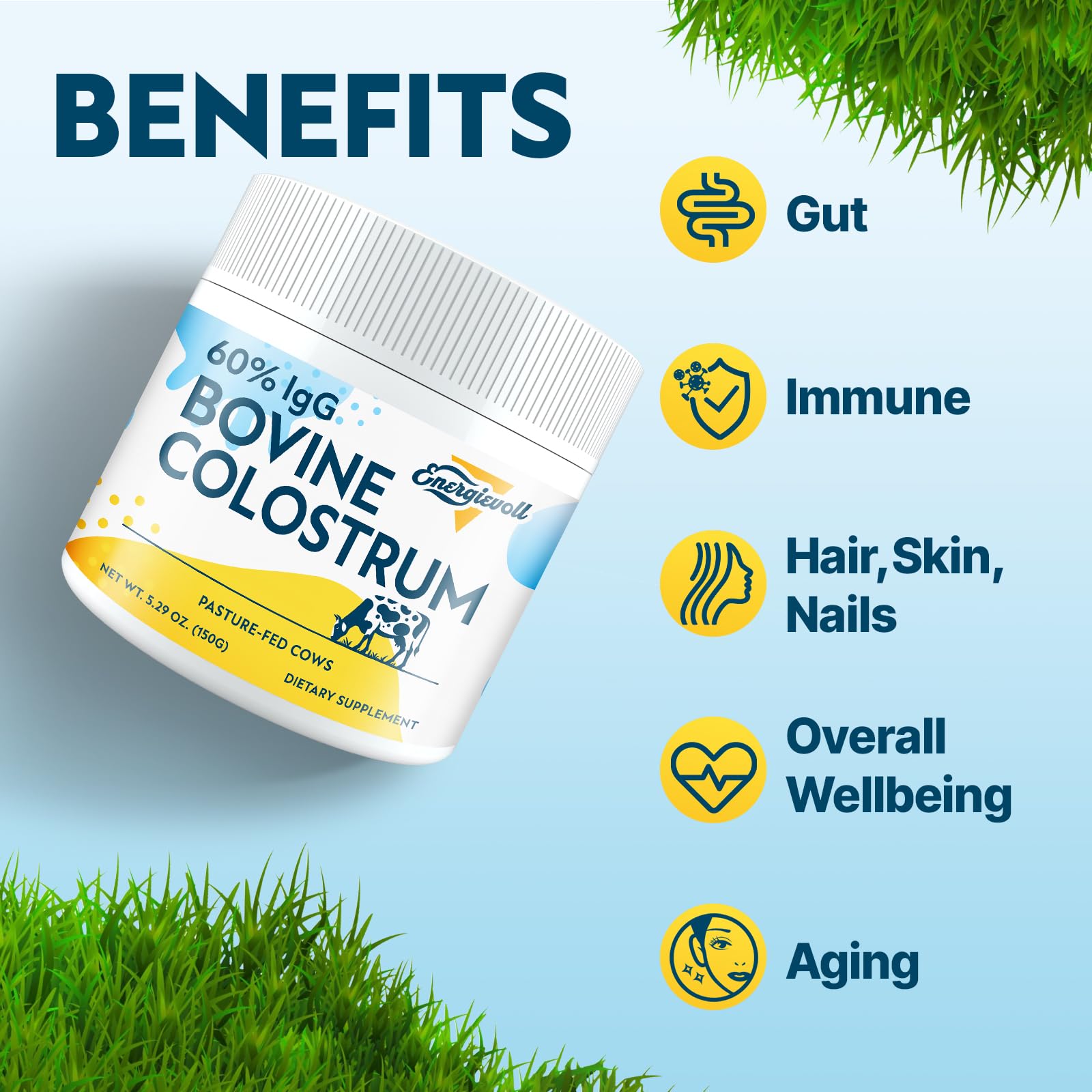 Energievoll Bovine Colostrum Supplement Powder - 60% IgG 3000 mg for Gut, Hair Growth, Beauty, and Immune, Easy to Mix, Unflavored (50 Servings) Energievoll uk supplements