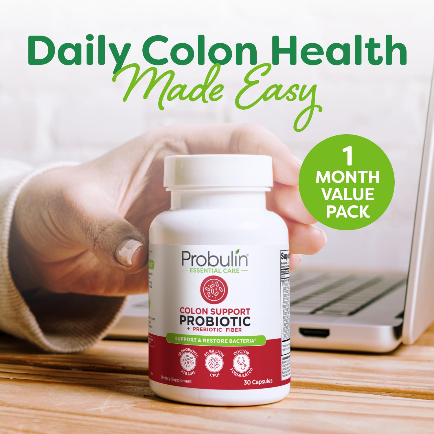 Probulin Colon Support Probiotic Supplement, Daily Gut, Digestive, and Immune Health Probiotics Capsules for Men and Women, 20 Billion CFU, Vegan, 30 Count Bottle Probulin uk supplements