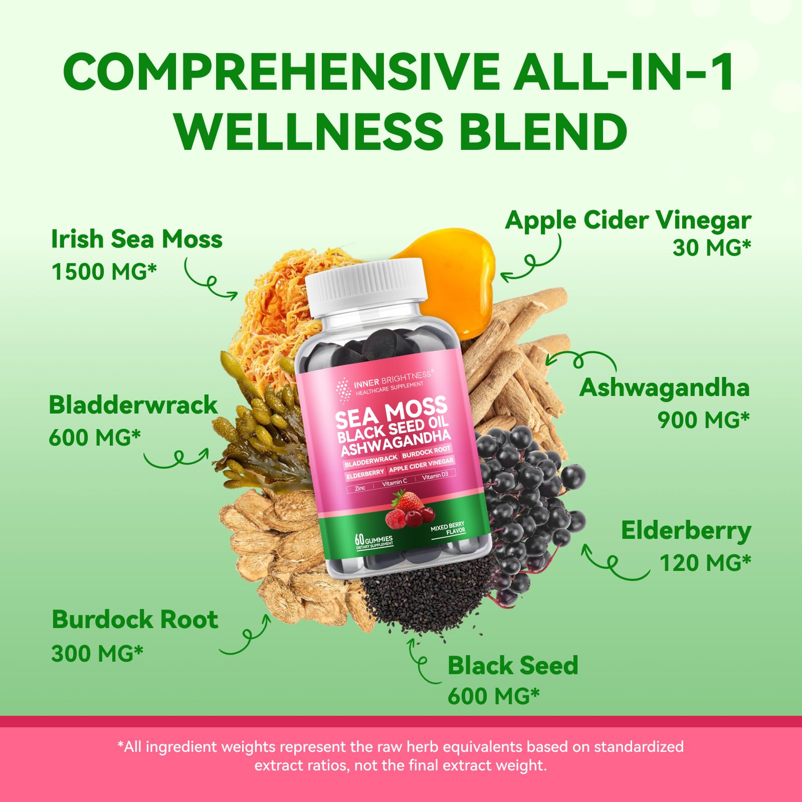 Inner Brightness Sea Moss 4000mg Gummies with Ashwagandha, Elderberry, Apple Cider Vinegar, Bladderwrack, Burdock Root – Immune Support – Mixed Berry Flavor – 60 Count Inner Brightness uk supplements