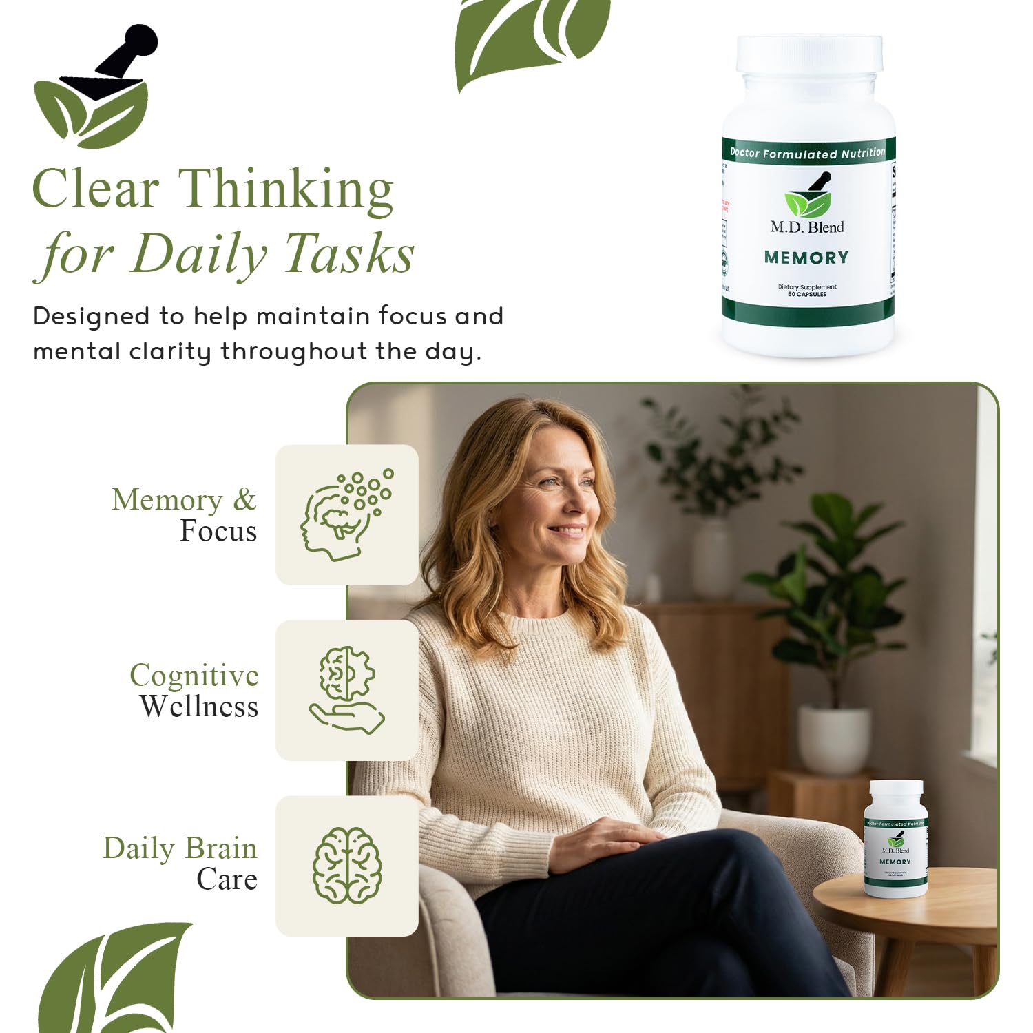 M.D. Blend Brain Support for Memory and Focus - Brain Supplement for Memory & Neural Function - Premium L-Tyrosine, Phosphatidylserine, Bacopa Monnieri Focus Supplement, 30 Capsules (Pack of 1) M.D. Blend uk supplements