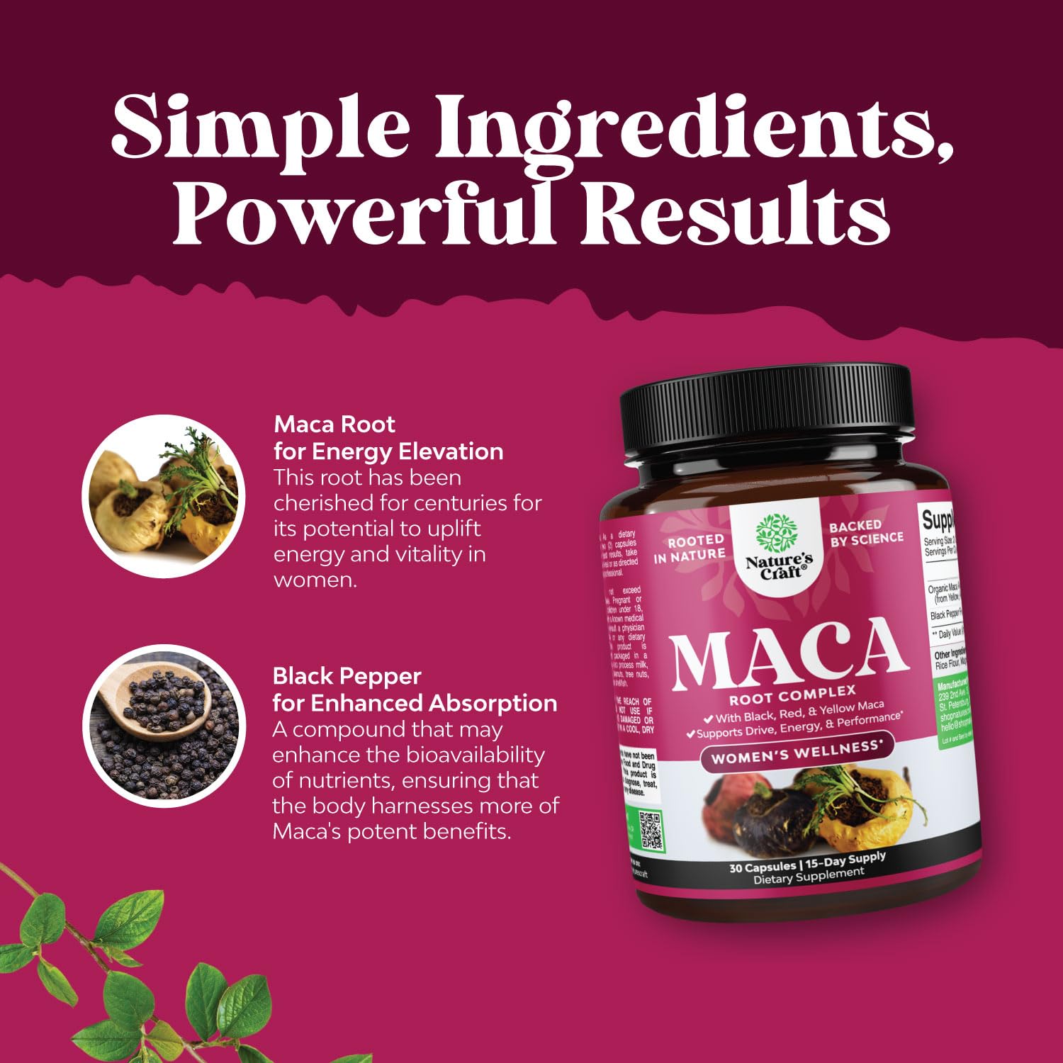 Maca Root Capsules for Women - Potent Herbal Supplement with Female Enhancing Blend of Red Yellow & Black Maca Root - Non-GMO Certified Vegan and Gluten-Free with No Artificial Colors - 30 Count Natures Craft uk supplements