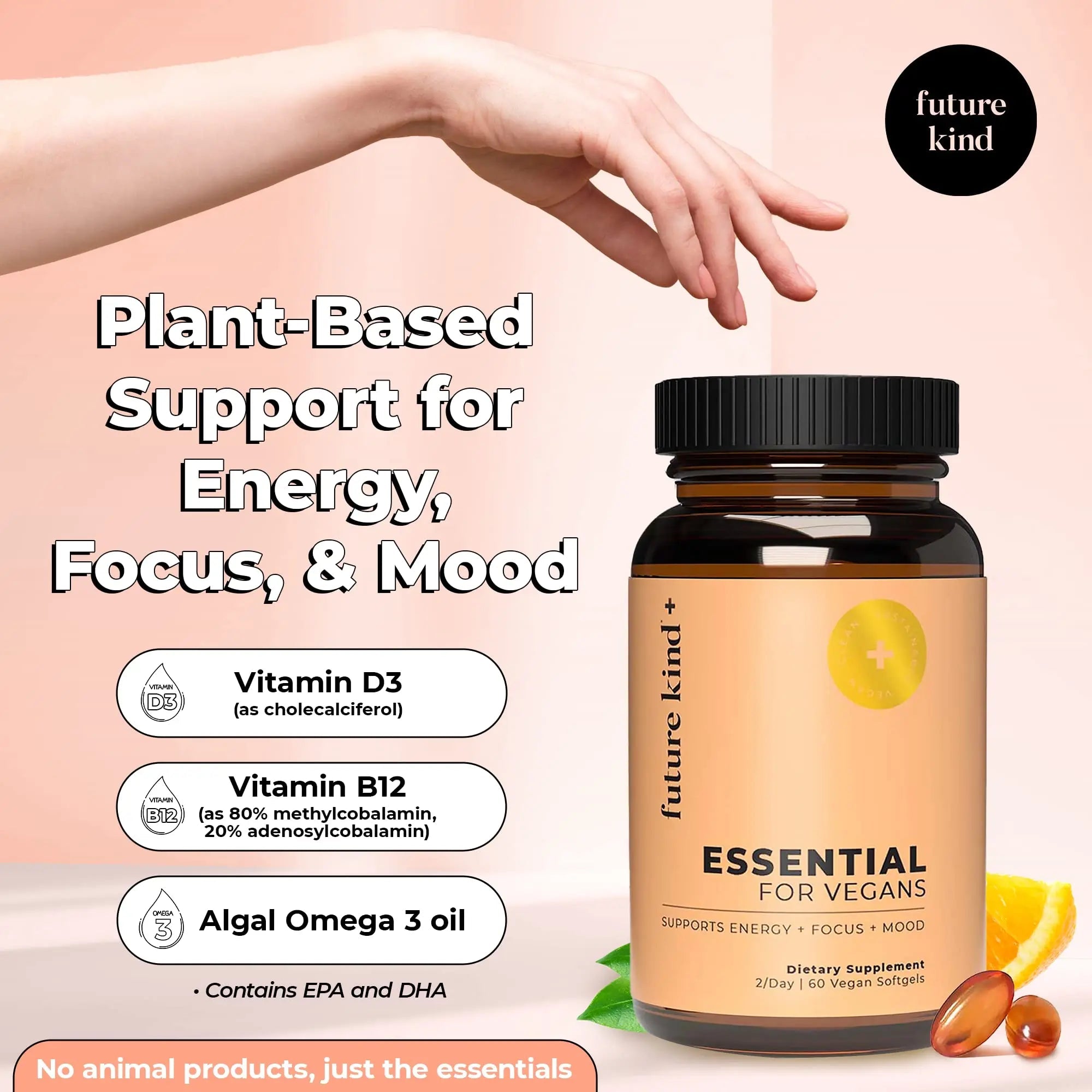 Future Kind Vegan Multivitamins - Glass Bottle & Made for Vegans with Omega 3 DHA, EPA, Vitamin B12 & D3 for Energy, Focus, & Mood (60 Softgels) Future Kind uk supplements