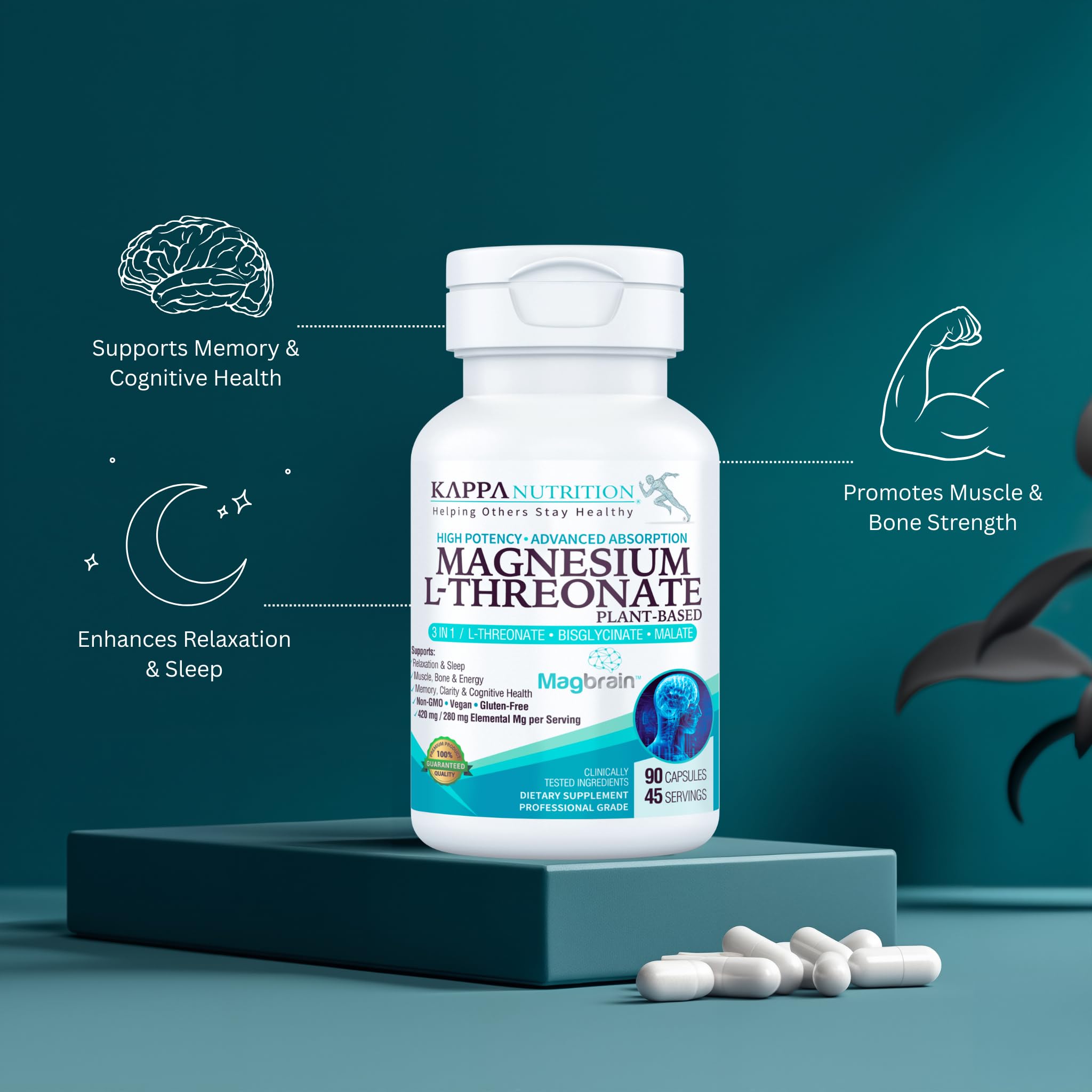 Kappa Nutrition Powered by Magbrain™ Magnesium L-Threonate Plant-Based, 90 Vegan Capsules, 420mg Elemental Magnesium (3 Capsules) from 2,253mg, Brain, Sleep & Muscle Support. KAPPA NUTRITION uk supplements