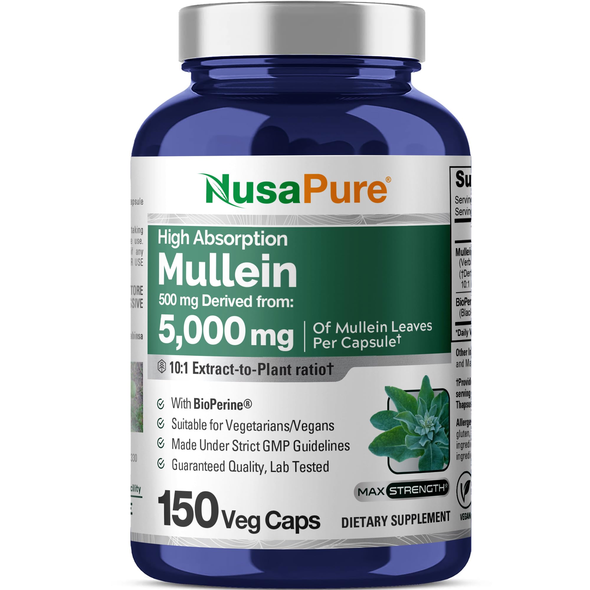 NusaPure Mullein Leaf Capsules 10:1 Extract, 500 mg Equivalent to 5,000 mg per Veggie Caps - 150 Count - Verbascum Thapsus (Non-GMO, Vegan) Dietary Supplement NusaPure uk supplements