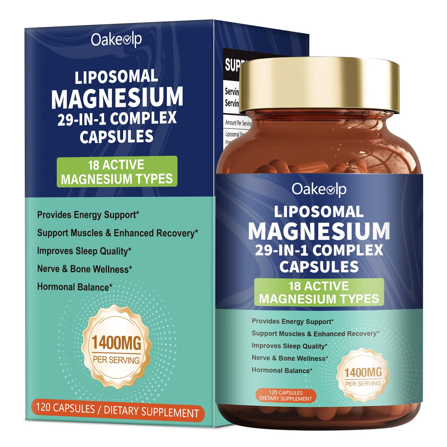 29-in-1 Liposomal 18 Active Types Magnesium Complex 1400MG Capsule,L-Threonate Glycinate Malate etc,Mild & Efficient,Extra Vitamin B6 B12 D3K2 & CoQ10, Relaxation Nerve* & Hert* Support Oakevlp uk supplements
