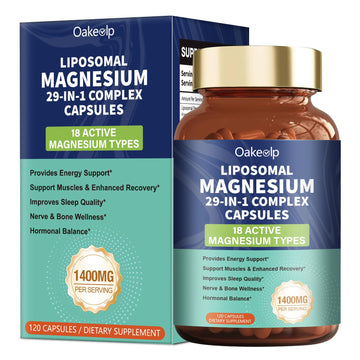 29-in-1 Liposomal 18 Active Types Magnesium Complex 1400MG Capsule,L-Threonate Glycinate Malate etc,Mild & Efficient,Extra Vitamin B6 B12 D3K2 & CoQ10, Relaxation Nerve* & Hert* Support Oakevlp uk supplements