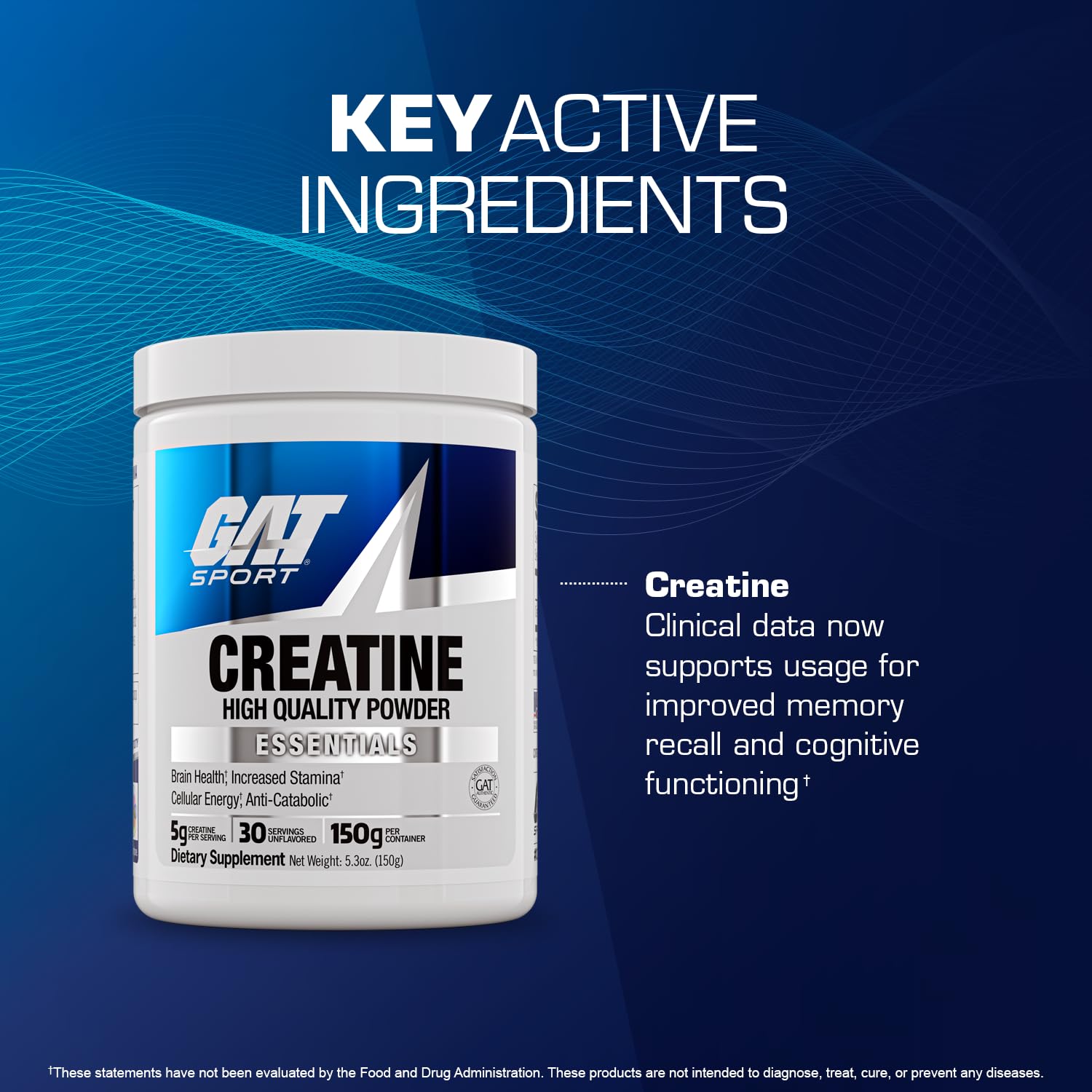 GAT SPORT Creatine Monohydrate Powder, 150 Grams, Strength, Brain Health, GLP1 Support Anti-oxidant, Endurance, for Men & Women, 1 Month Supply, Unflavored (30 Servings) GAT SPORT uk supplements