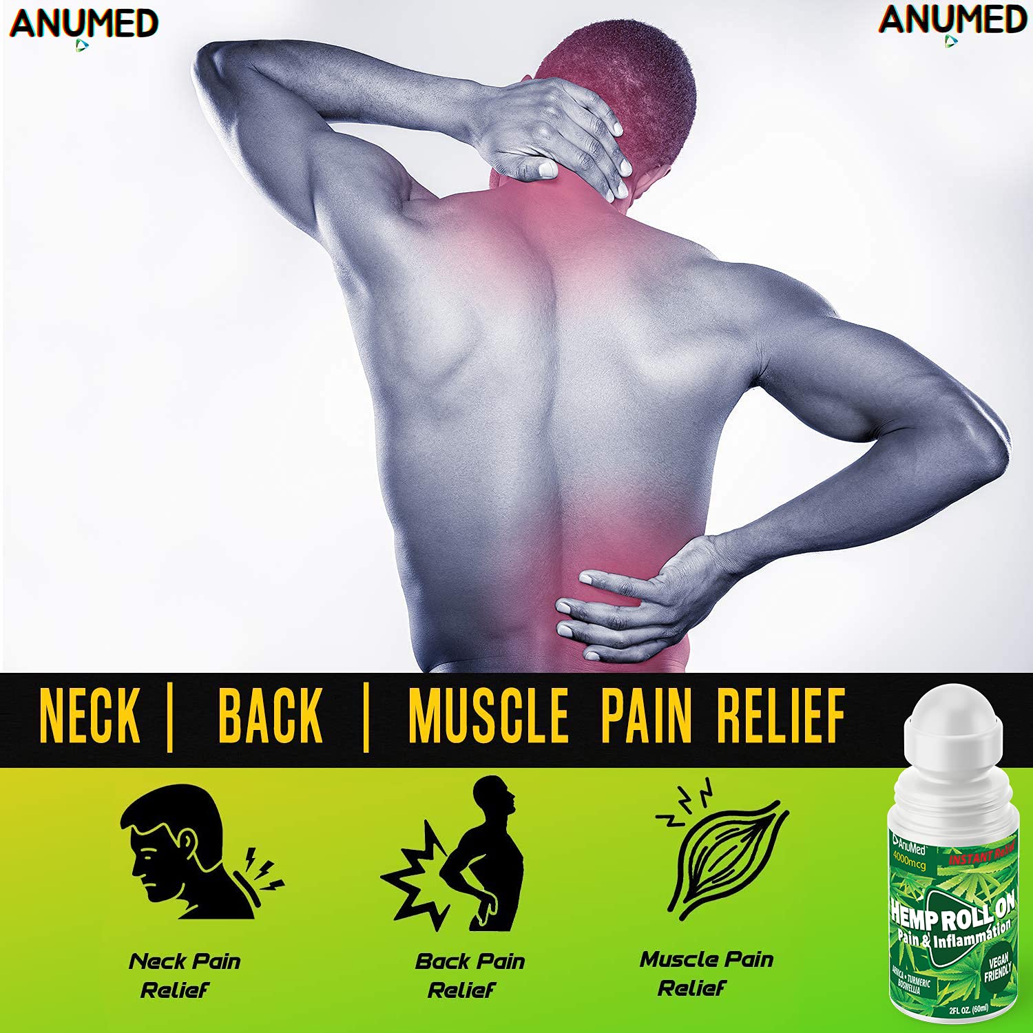 ANUMED Hemp Roll-On 4000mg Pain Relief. Fast Acting, Long Lasting, Maximum Strength with Arnica + Turmeric for Anti-Inflammatory, Natural Recovery, Joint, Muscle, Nerve Pain Reliever 2 Packs of (1oz) AnuMed International uk supplements