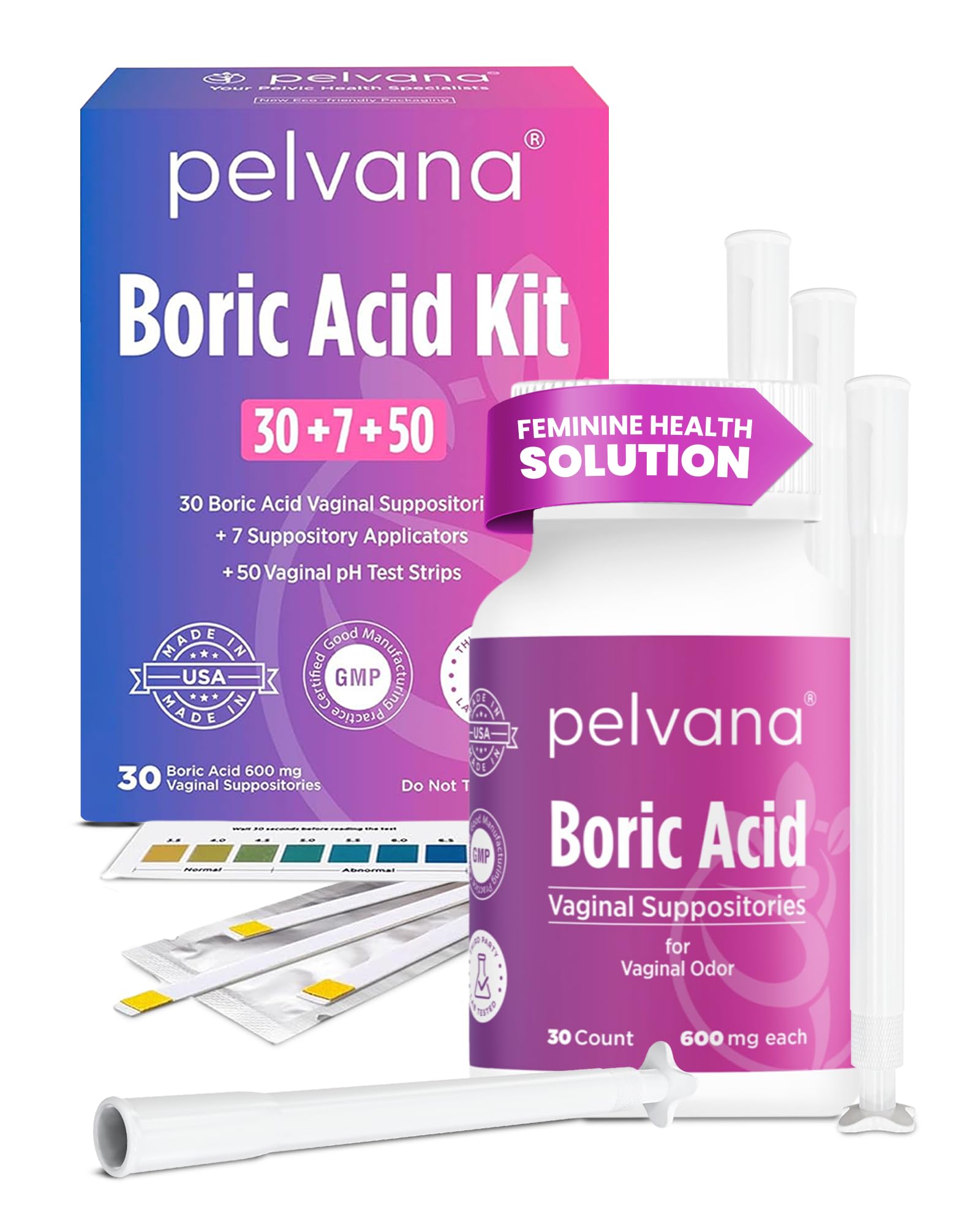 Pelvana Boric Acid Suppositories for Women 30 + 7 Applicators + 50 pH Test Strips, Total of 87 Piece Kit for Vaginal Odor - Third-Party Verified & Bottled in The USA - Feminine Health Odor Solution Pelvana uk supplements
