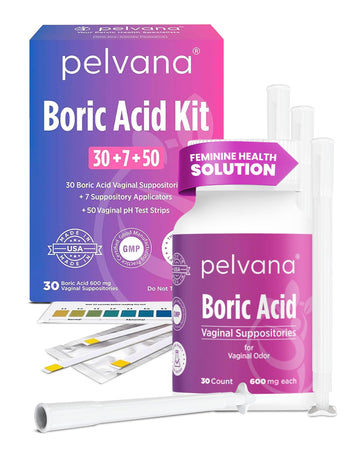 Pelvana Boric Acid Suppositories for Women 30 + 7 Applicators + 50 pH Test Strips, Total of 87 Piece Kit for Vaginal Odor - Third-Party Verified & Bottled in The USA - Feminine Health Odor Solution Pelvana uk supplements