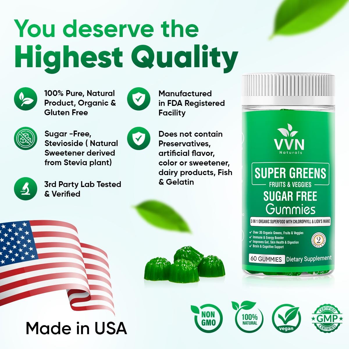 Sugar-Free Real Organic Fruits, Super Greens and Veggies Gummies | 35+ Nutritious & Healthy Greens, Fruits, and Vegetables for Improved Immunity, Skin Health & Energy Boost|60 Vegan Gummies VVN Naturals uk supplements