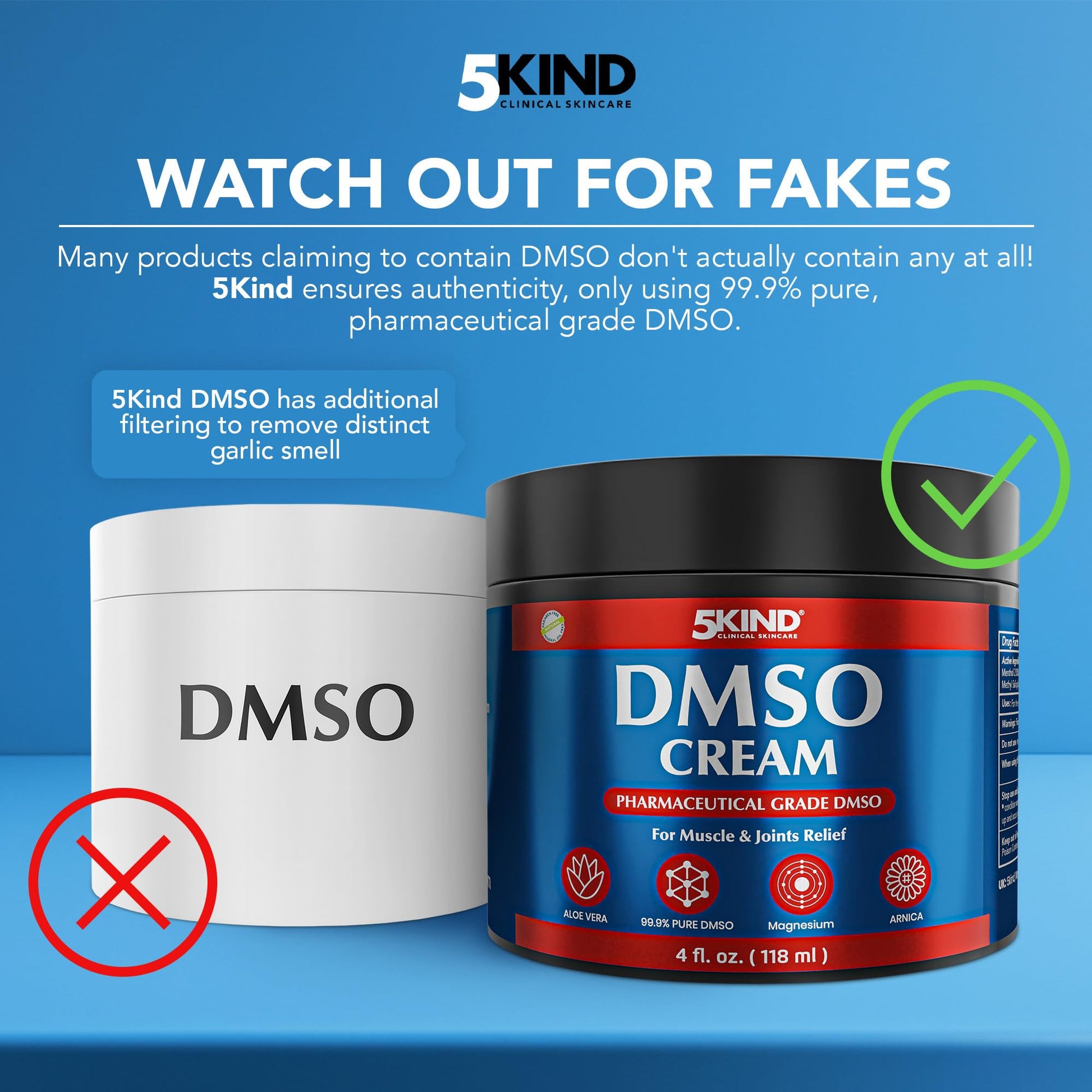 5Kind DMSO Cream for Pain Relief 4 fl oz - 99.9% Pure DMSO Pharmaceutical Grade Cream - Aloe Vera, Magnesium, Arnica & Menthol - Topical Muscle and Joint Pain Relief - Registered NDC - Made in USA 5kind clinical skincare uk supplements