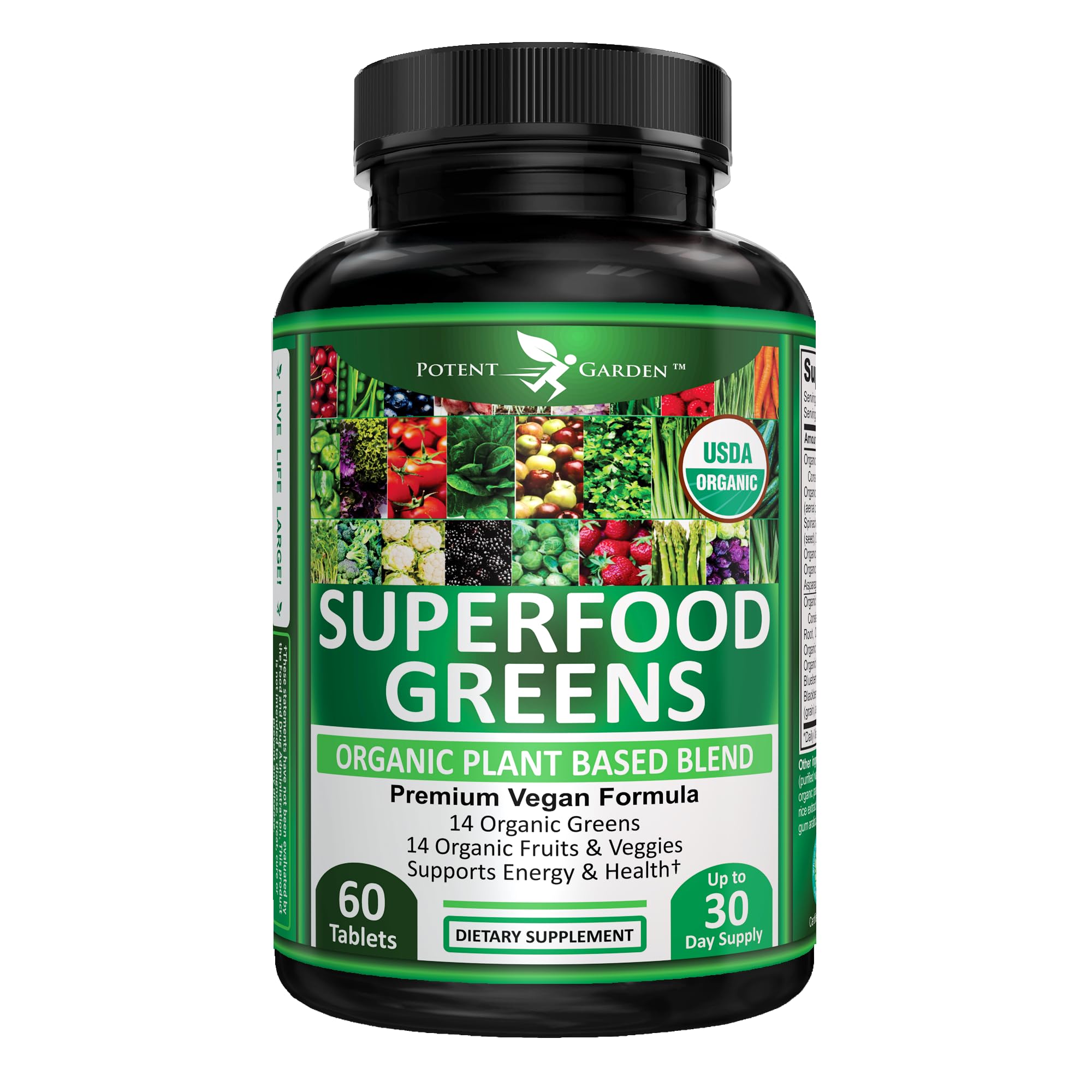 Potent Garden Organic Superfood Greens, Fruit and Veggies Supplement Rich in Vitamins & Antioxidants with Alfalfa, Beet Root & Tart Cherry to Boost Energy, Immunity & Gut Health, Greens Tablets 60 Ct Potent Garden uk supplements