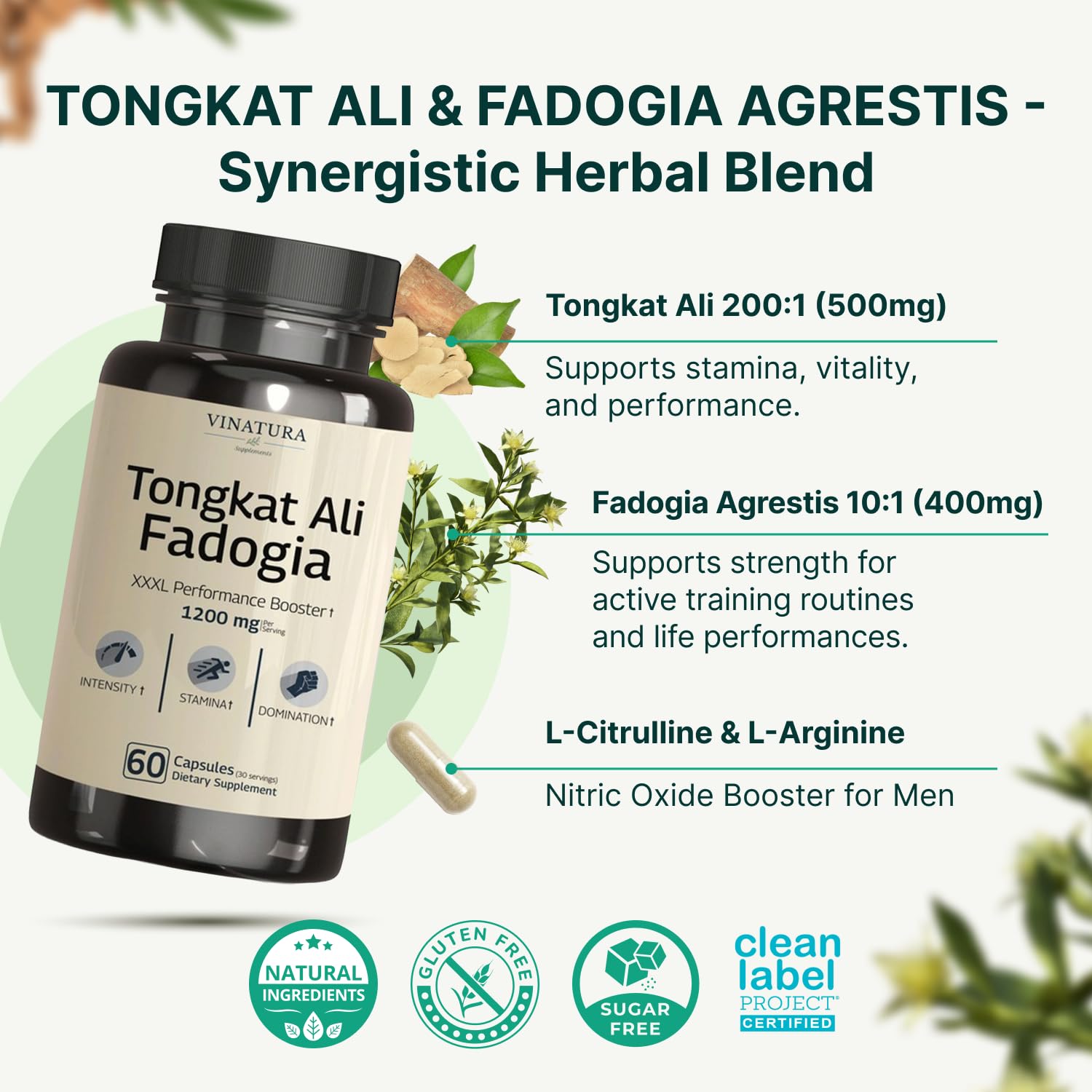 Tongkat Ali Fadogia Agrestis - 1200mg, Enhanced with Nitric Oxide Booster Supplement, Longjack Tongkat Ali for Men, VINATURA uk supplements