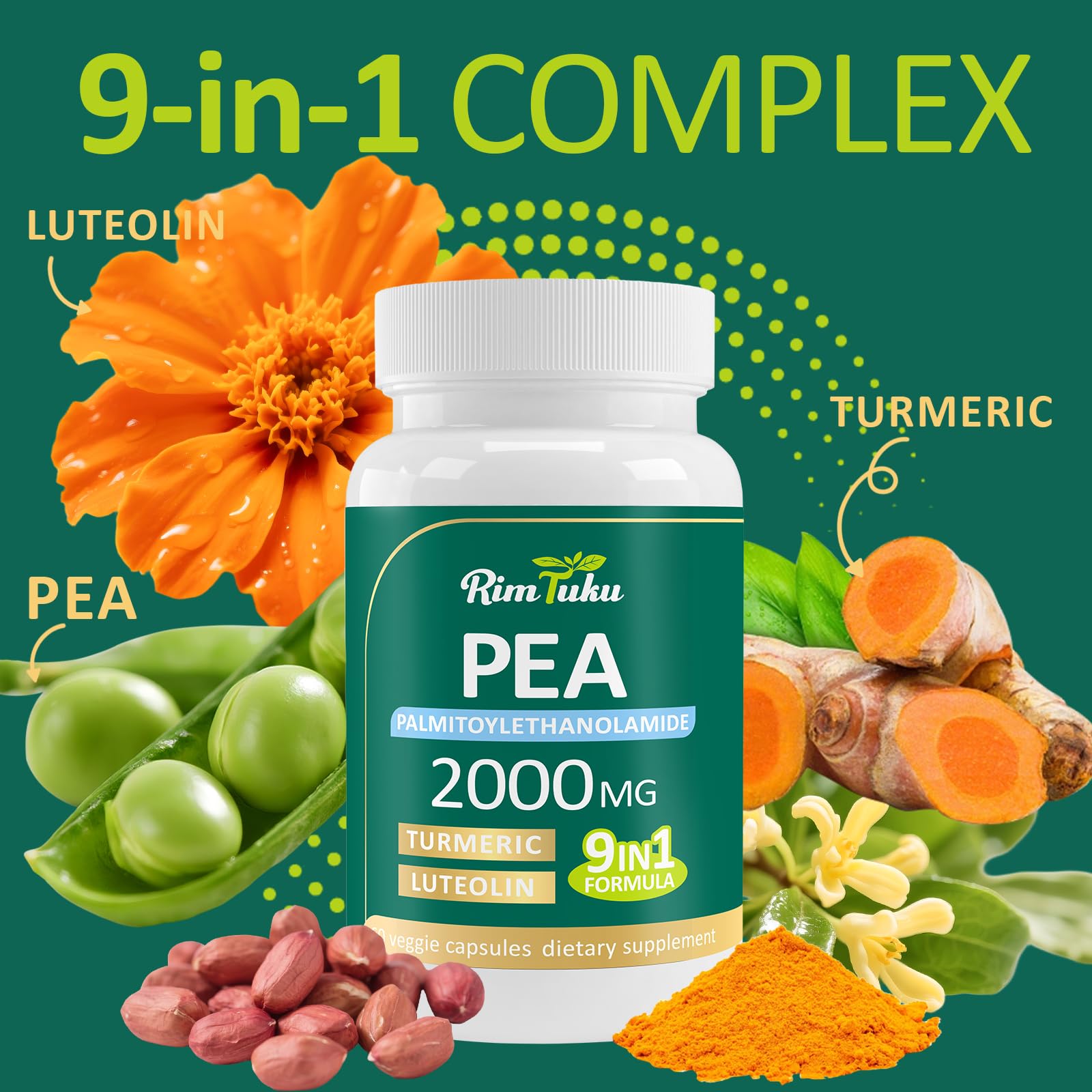 Liposomal Palmitoylethanolamide 2000MG + Luteolin 200MG + Turmeric 200MG & Fisetin 100MG, Micronized Pea 99% Highly Purified Enhanced Absorption Pea Supplement, 120 Capsules RimTuku uk supplements