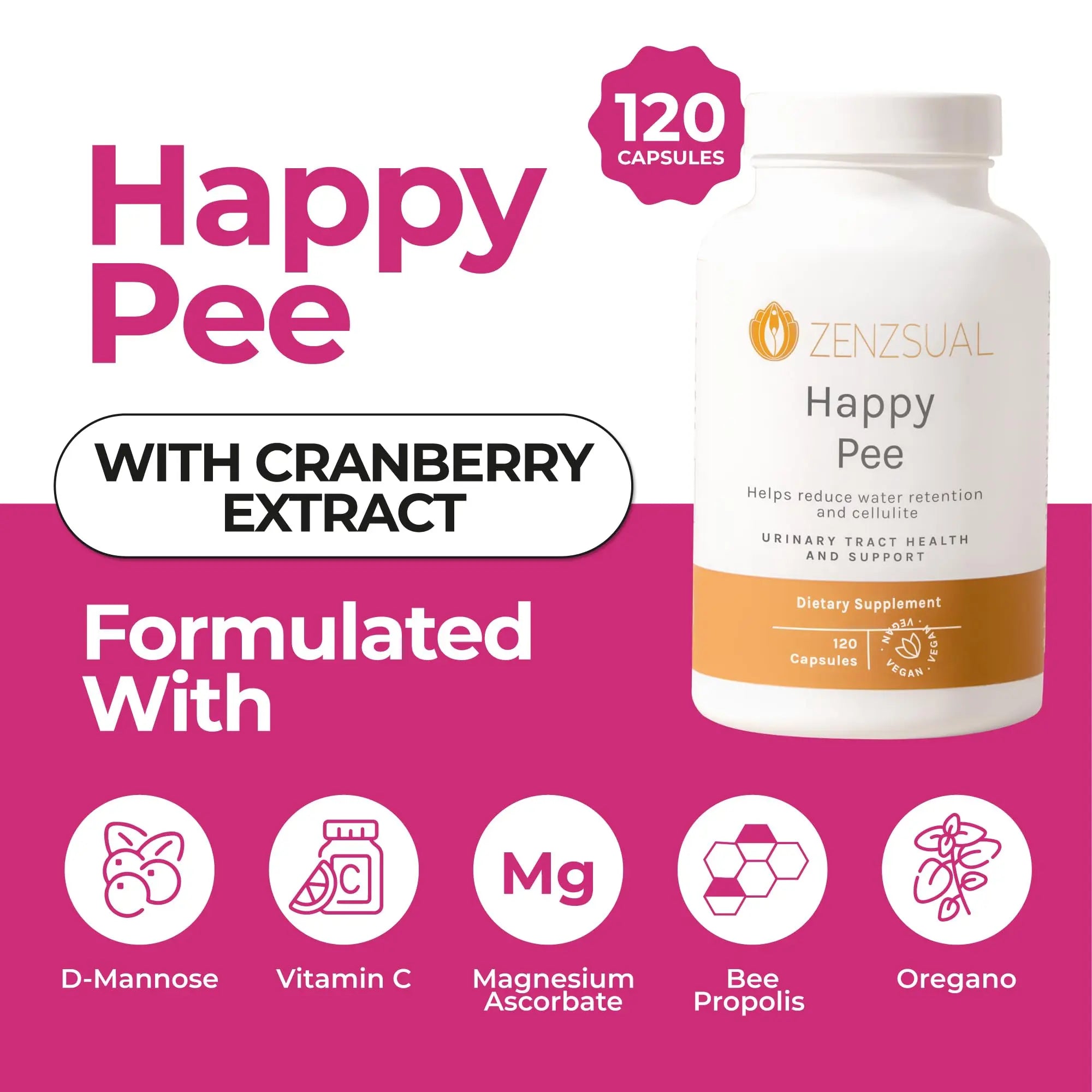 ZENZSUAL Happy Pee, 120 Capsules – Urinary Tract Support & Bladder Health Supplement with Cranberry, D-Mannose, Vitamin C and Oregano for Women and Men – Healthy Flow, Comfort & Fluid Balance ZENZSUAL uk supplements