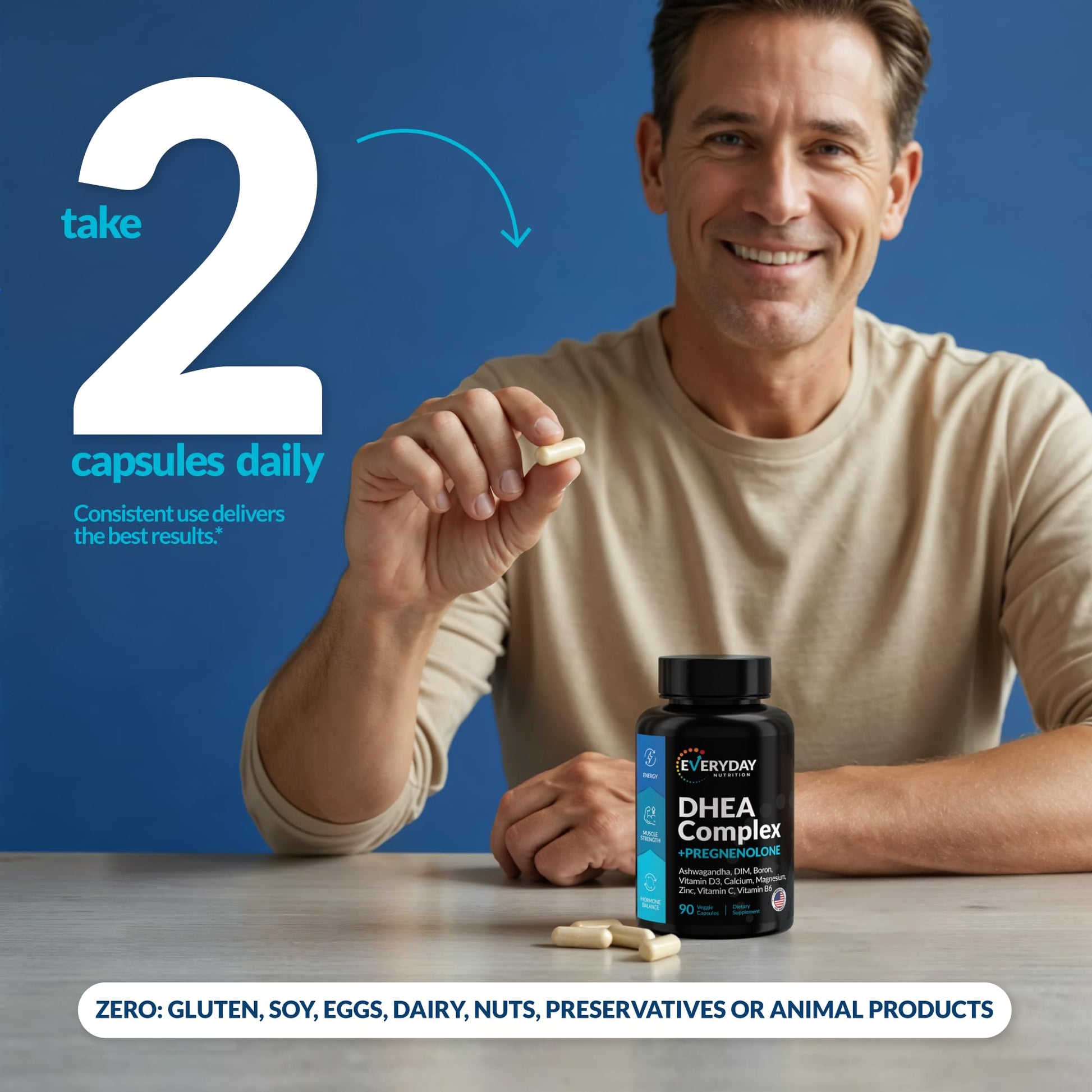 DHEA Micronized 200mg Complex with Pregnenolone 100mg Supplement for Men & Women with Ashwagandha, DIM, Magnesium, Boron, Calcium , Zinc, Vitamin D3, C and B6 Hormone Support - Made in USA 90 Capsules EVERYDAY NUTRITION uk supplements
