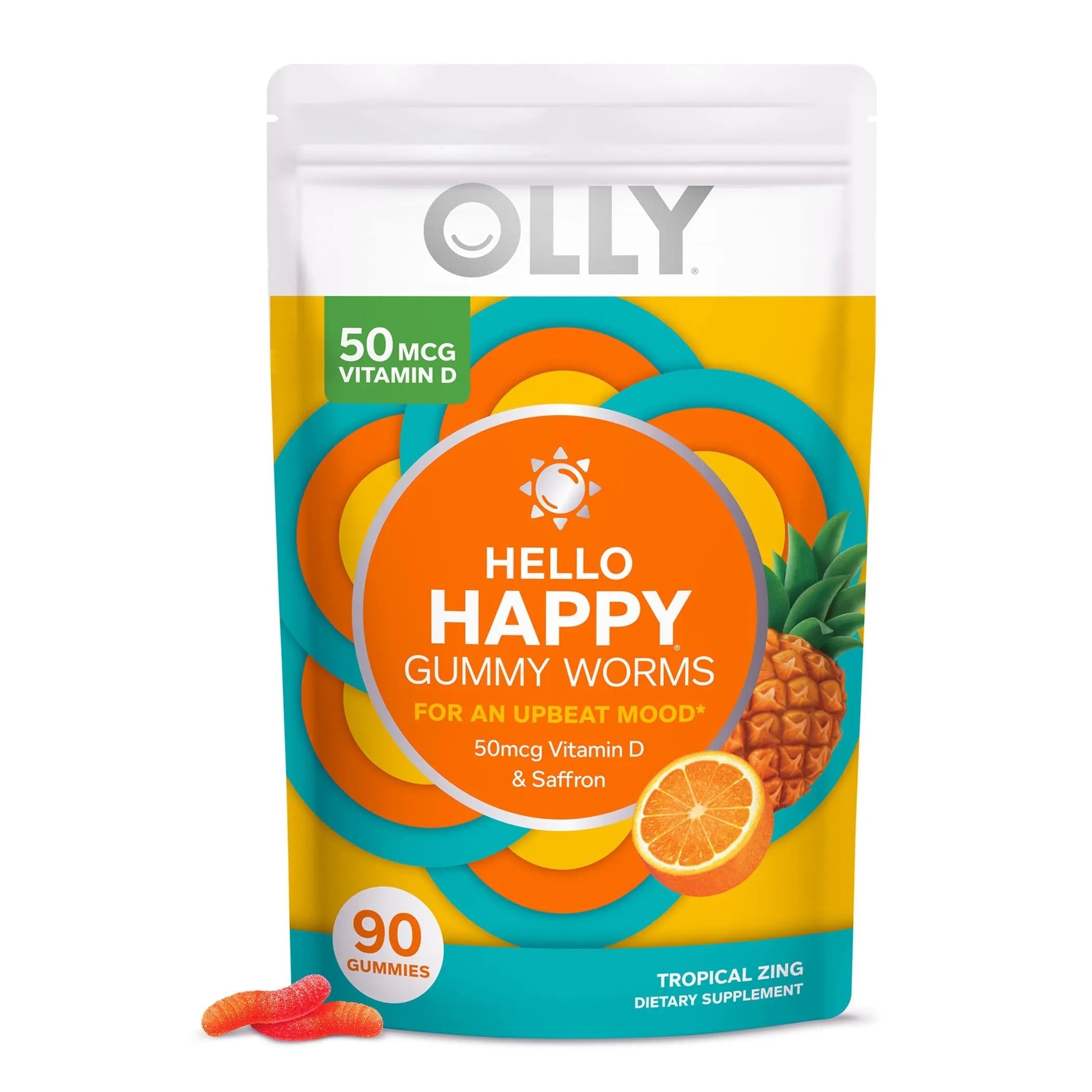 OLLY Hello Happy Gummy Worms Mood Support with Vitamin D, Saffron - 90 Count Men's Multivitamin Gummy Immune Support OLLY uk supplements
