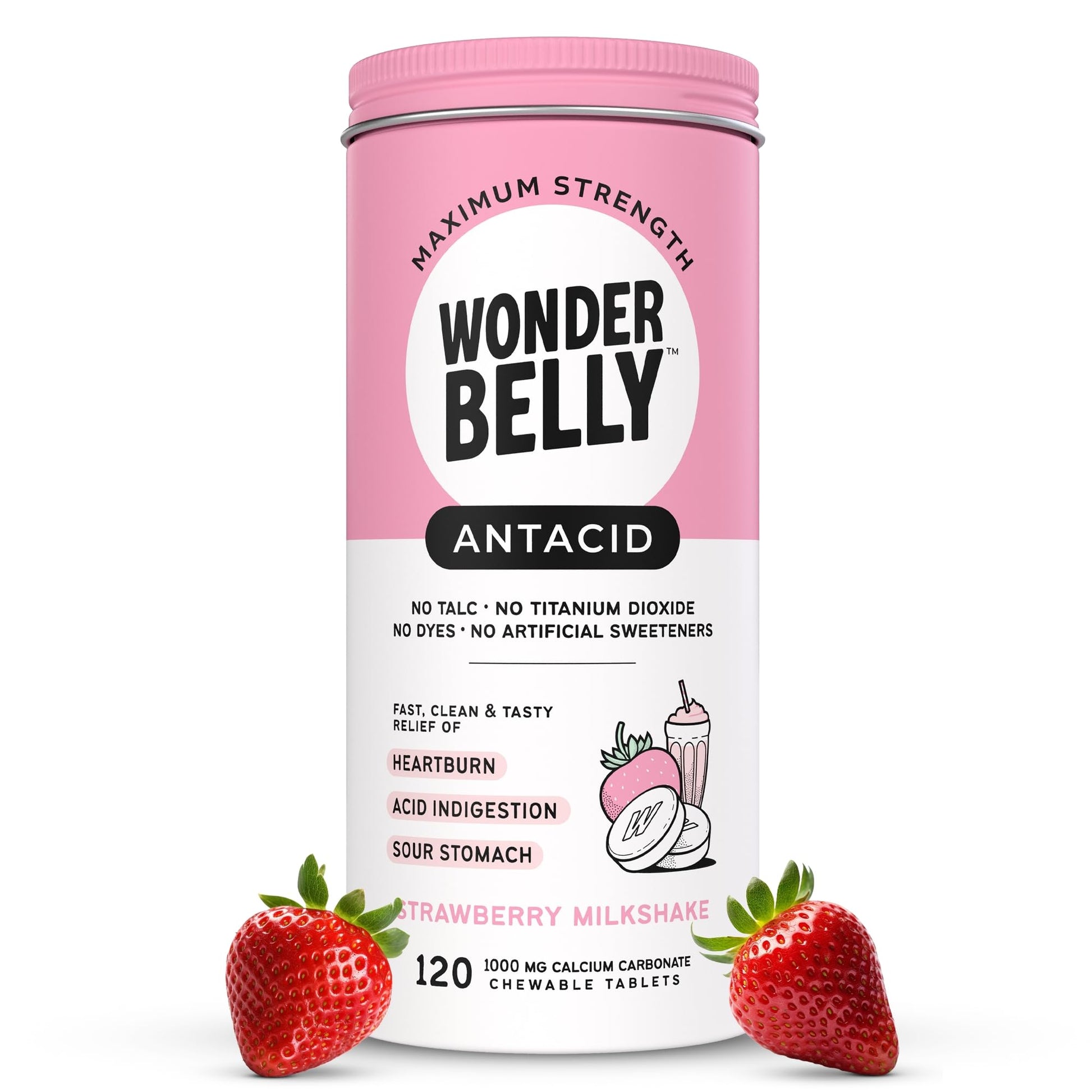 Wonderbelly Antacid, Effective Heartburn and Instant Acid Indigestion Relief, Extra Strength Chewable Tablets, 1000 mg Calcium Carbonate, No Talc or Dye, Strawberry Milkshake, 120 Count Wonderbelly uk supplements
