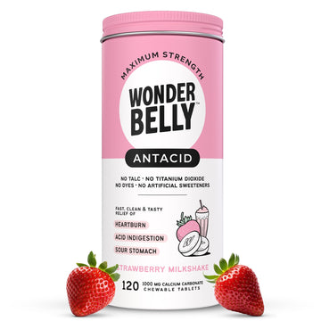 Wonderbelly Antacid, Effective Heartburn and Instant Acid Indigestion Relief, Extra Strength Chewable Tablets, 1000 mg Calcium Carbonate, No Talc or Dye, Strawberry Milkshake, 120 Count Wonderbelly uk supplements