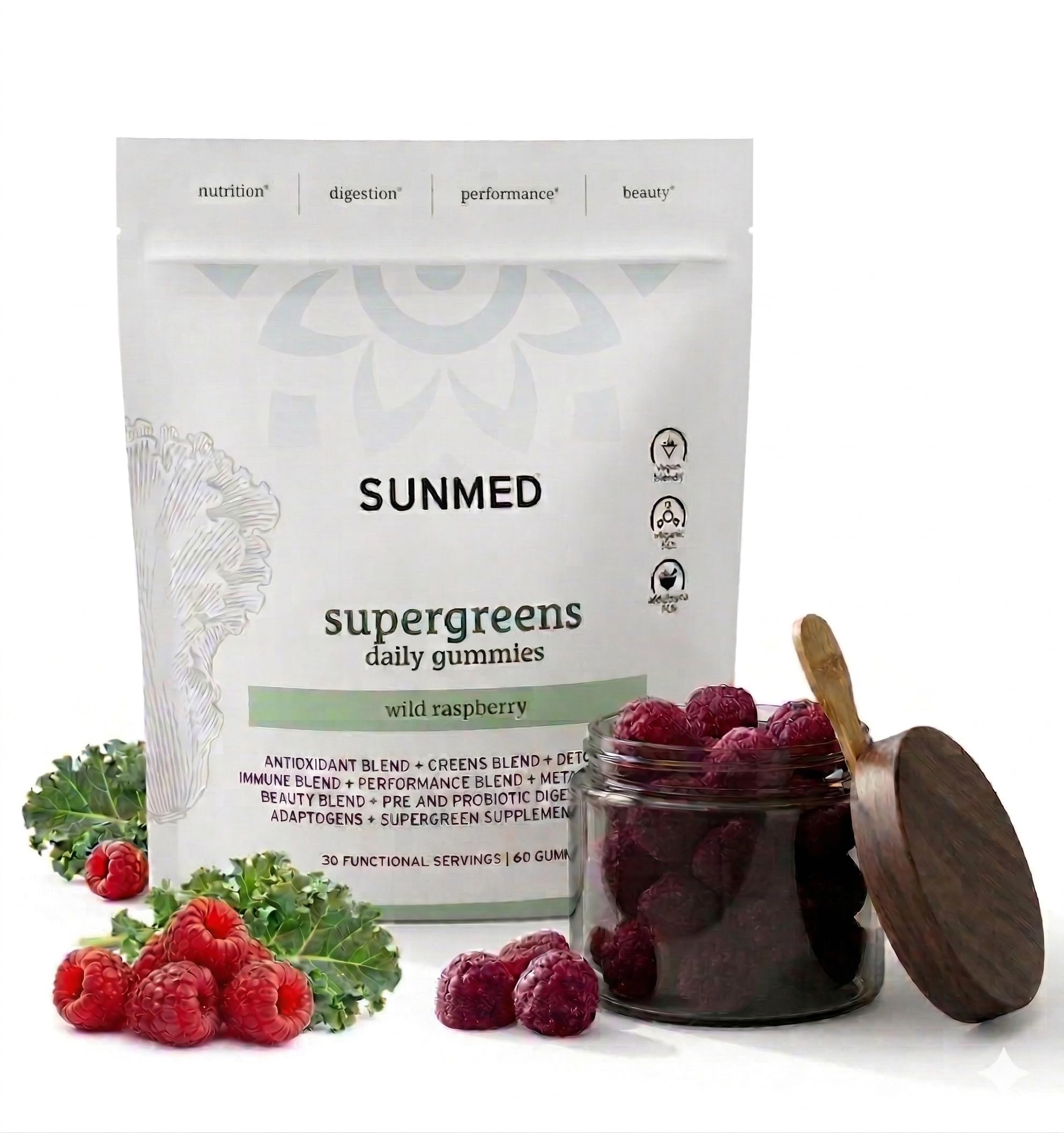 SUNMED Supergreens Daily Gummies – Wellness Blend with Ashwagandha, Green Tea, Spirulina, Probiotics, Antioxidants & Detox Support for Immunity, Gut, Skin & Brain Health | Wild Raspberry, 60ct SUNMED uk supplements