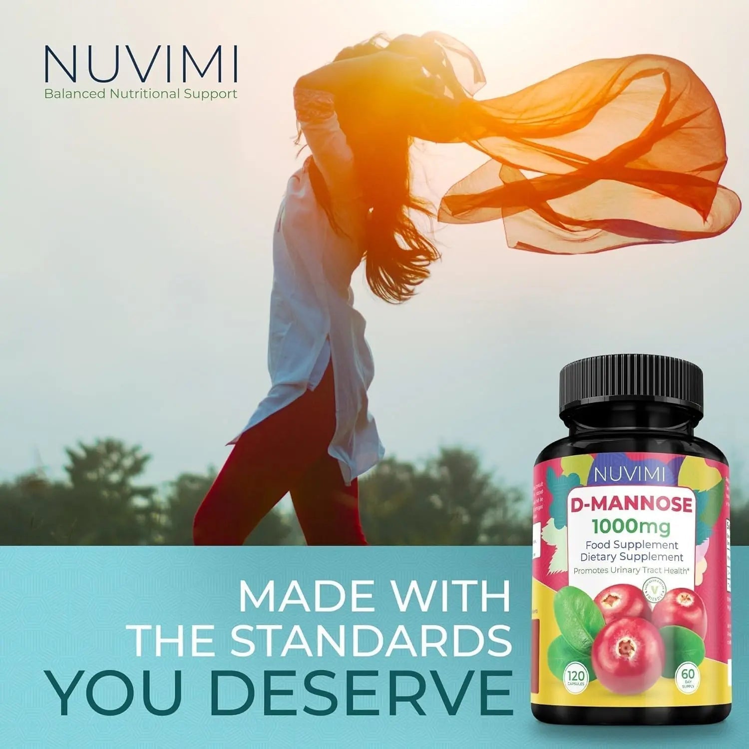 NUVIMI D Mannose 120 Capsules - 1000 mg per Dose - Dietary Supplement Helps Promote Urinary Tract Health - Natural Vegan UTI Defense NUVIMI uk supplements