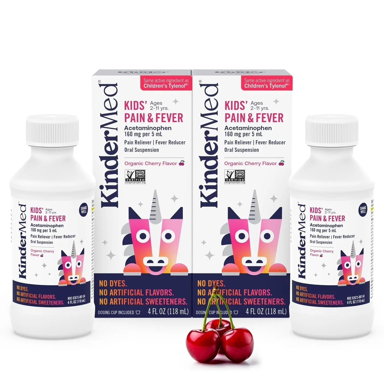 KinderMed Kids' Pain & Fever Medicine, for Ages 2-11 Years, No Dyes, No Artificial Flavors, No Artificial Sweeteners, Vegan, Non-GMO, Gluten Free, Organic Cherry Flavor, Two Pack, 2 x 4 fl. oz KinderMed uk supplements