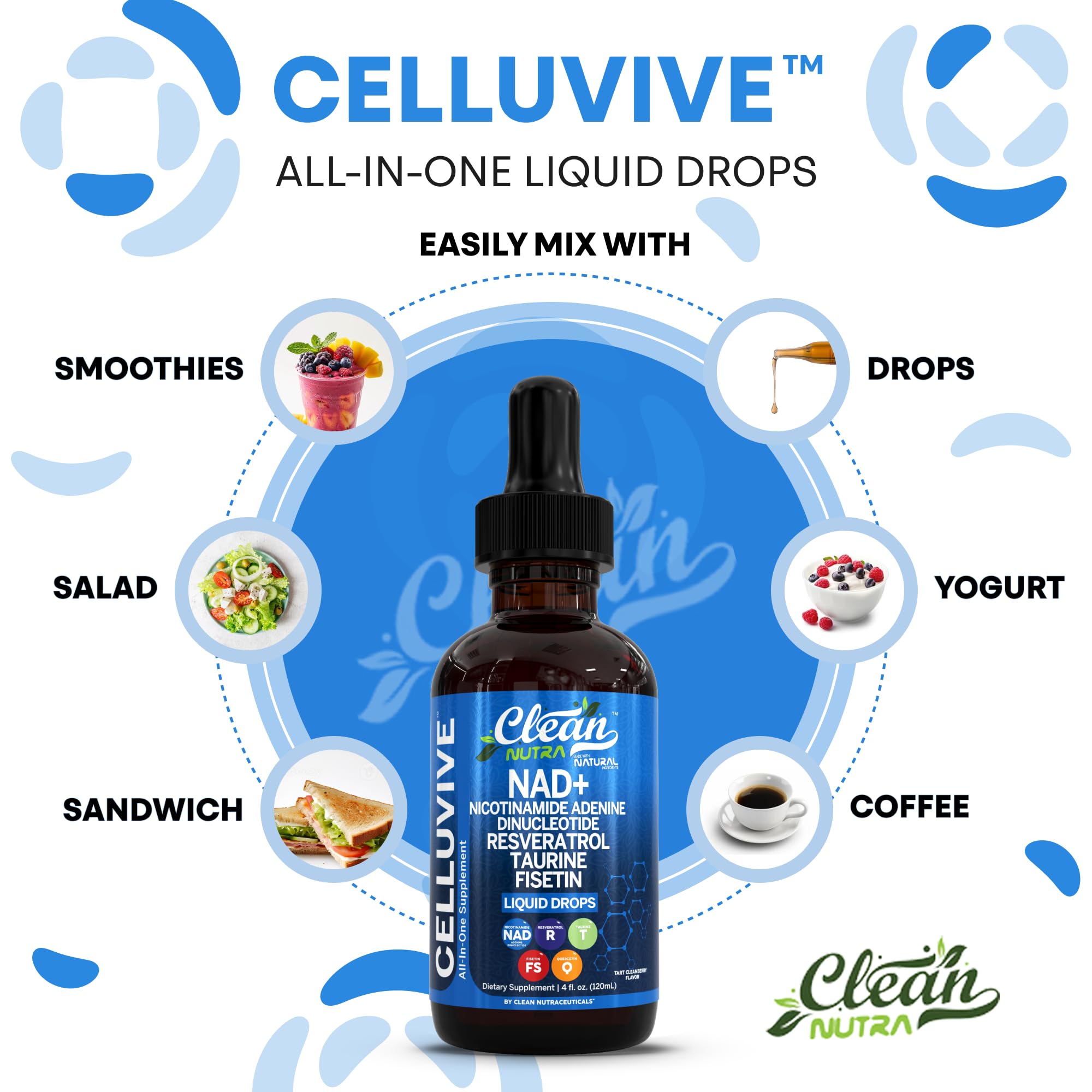Clean Nutra NAD Liquid Supplement Drops Resveratrol Polyphenols Liposomal Taurine Fisetin Grape Seed Extract Japanese Knotweed Fo Ti Anti Aging NAD+ Nicotinamide Adenine Dinucleotide for Women & Men Clean Nutraceuticals uk supplements
