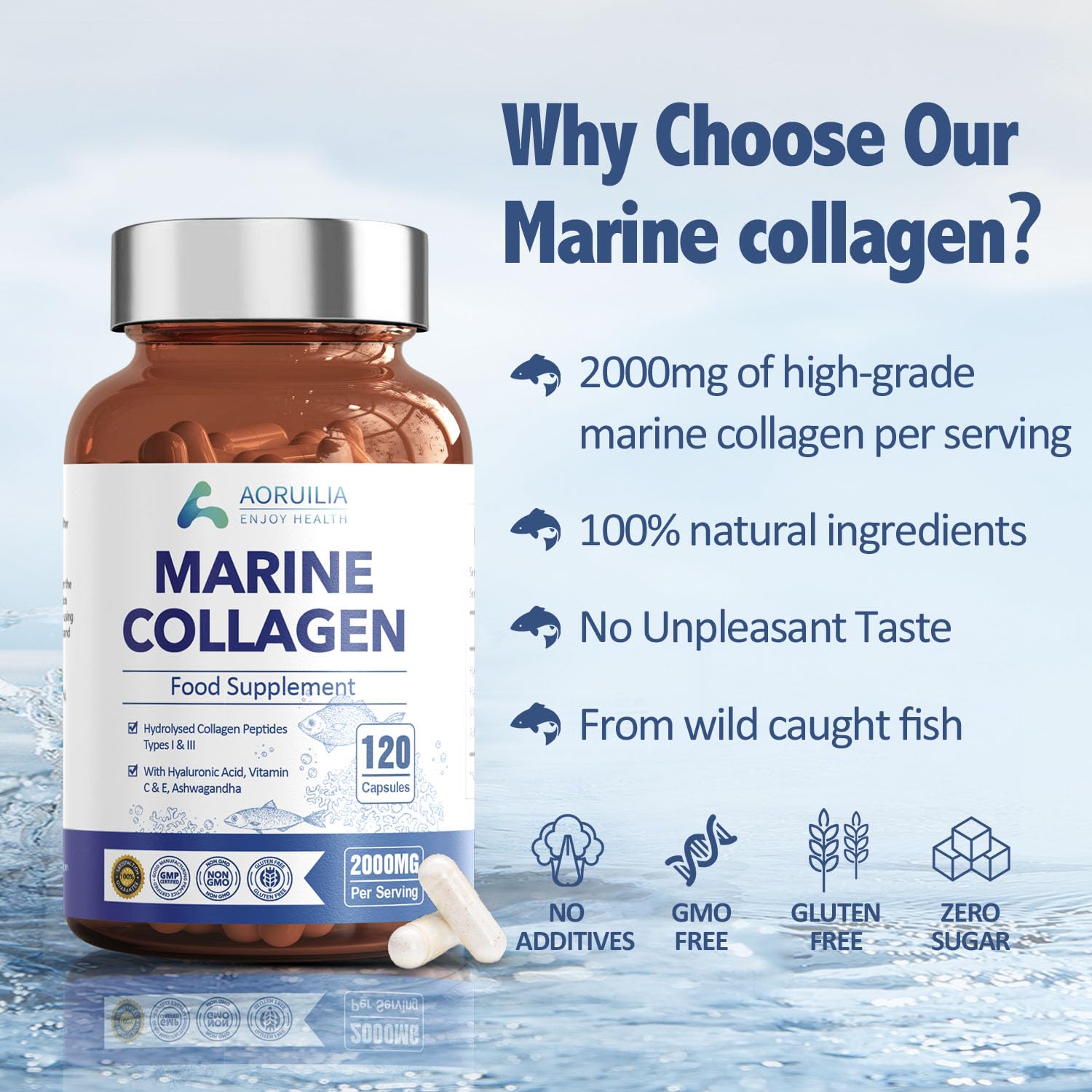 Marine Collagen Supplements for Women Men 2000mg 120 Capsules Hyaluronic Acid, Vitamin C, Vitamin E, & Ashwagandha Aoruilia uk supplements