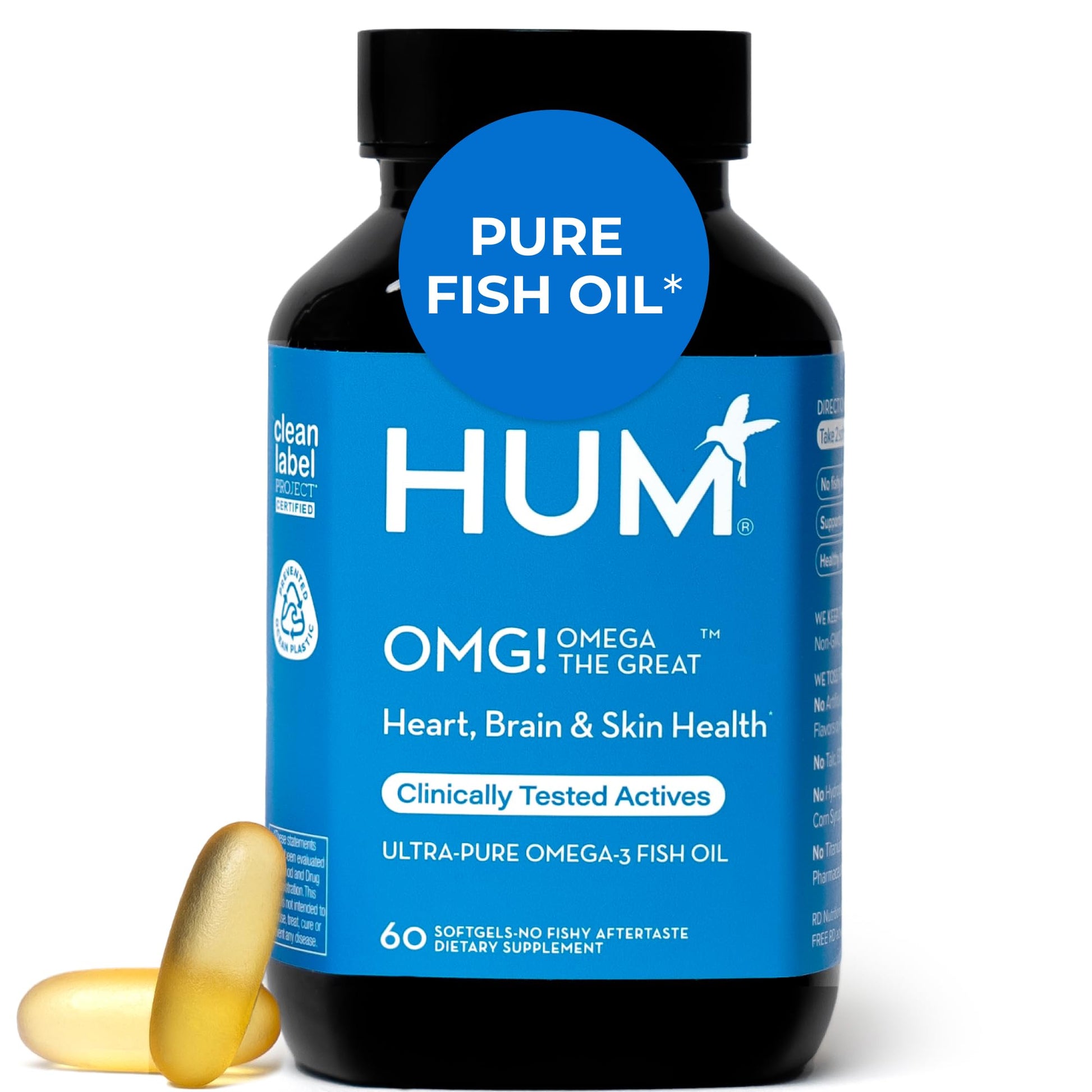 HUM OMG! Omega The Great Triple Omega 3 Fish Oil Supplement for Women & Men with Vitamin E, DHA & EPA, Skin Care & Skin Tone Support for Heart & Brain Health, Gluten Free, Non GMO, 60 Softgels HUM uk supplements