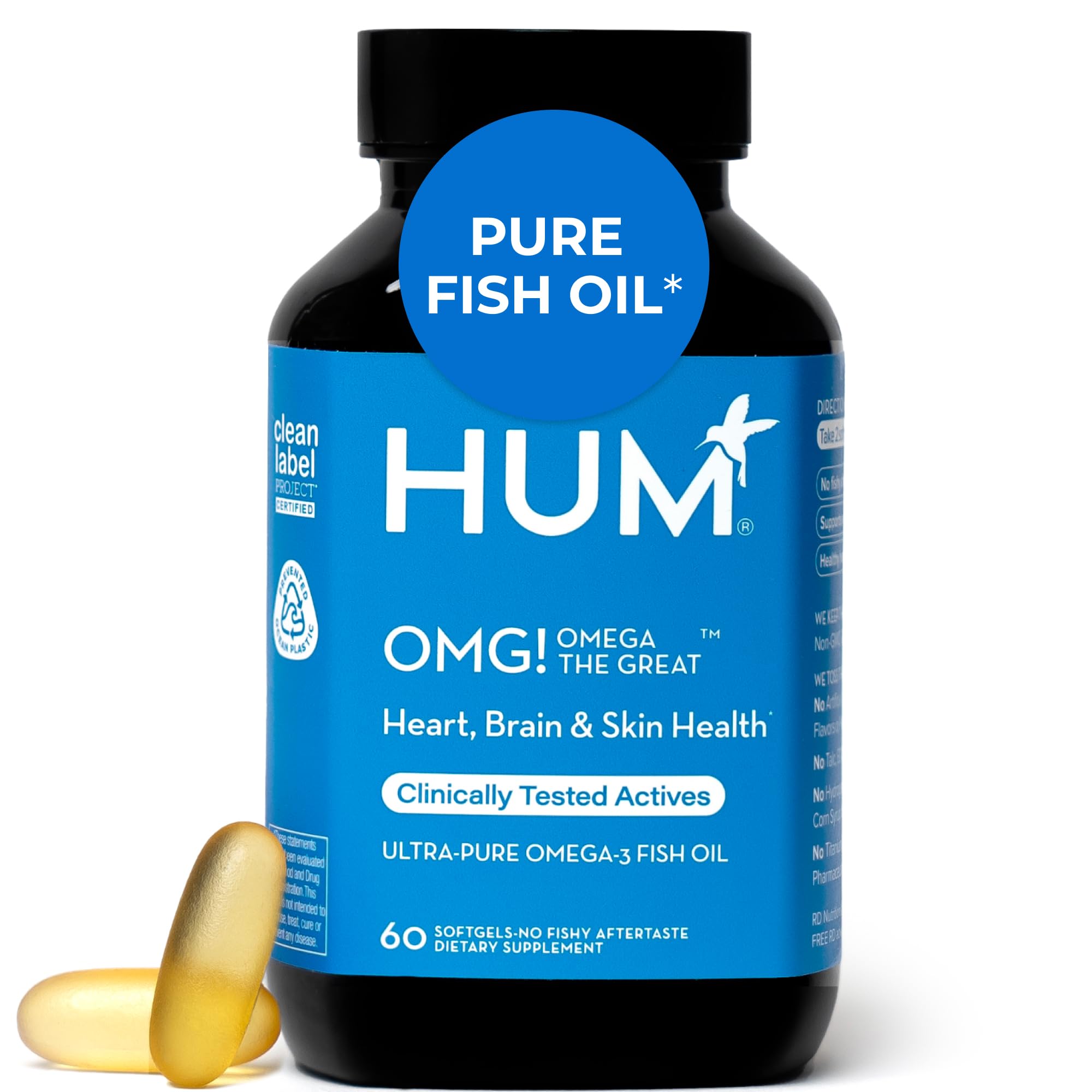 HUM OMG! Omega The Great Triple Omega 3 Fish Oil Supplement for Women & Men with Vitamin E, DHA & EPA, Skin Care & Skin Tone Support for Heart & Brain Health, Gluten Free, Non GMO, 60 Softgels HUM uk supplements