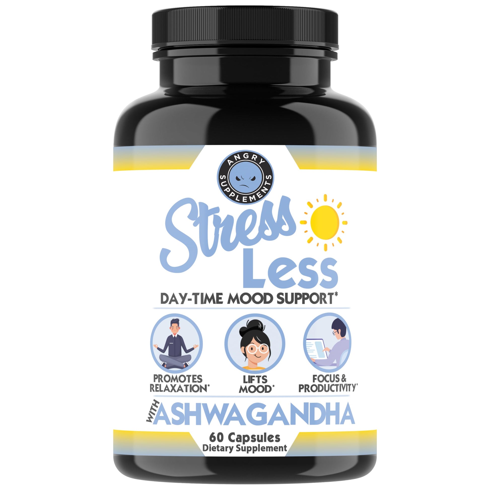 Angry Supplements Stress Less Day-Time Mood Support Pills – Natural Stress Relief with Ashwagandha, Rhodiola, L-Theanine, Magnesium & B Vitamins– Calm Focus & Mental Clarity – 60 Capsules (1-Bottle) Angry Supplements uk supplements