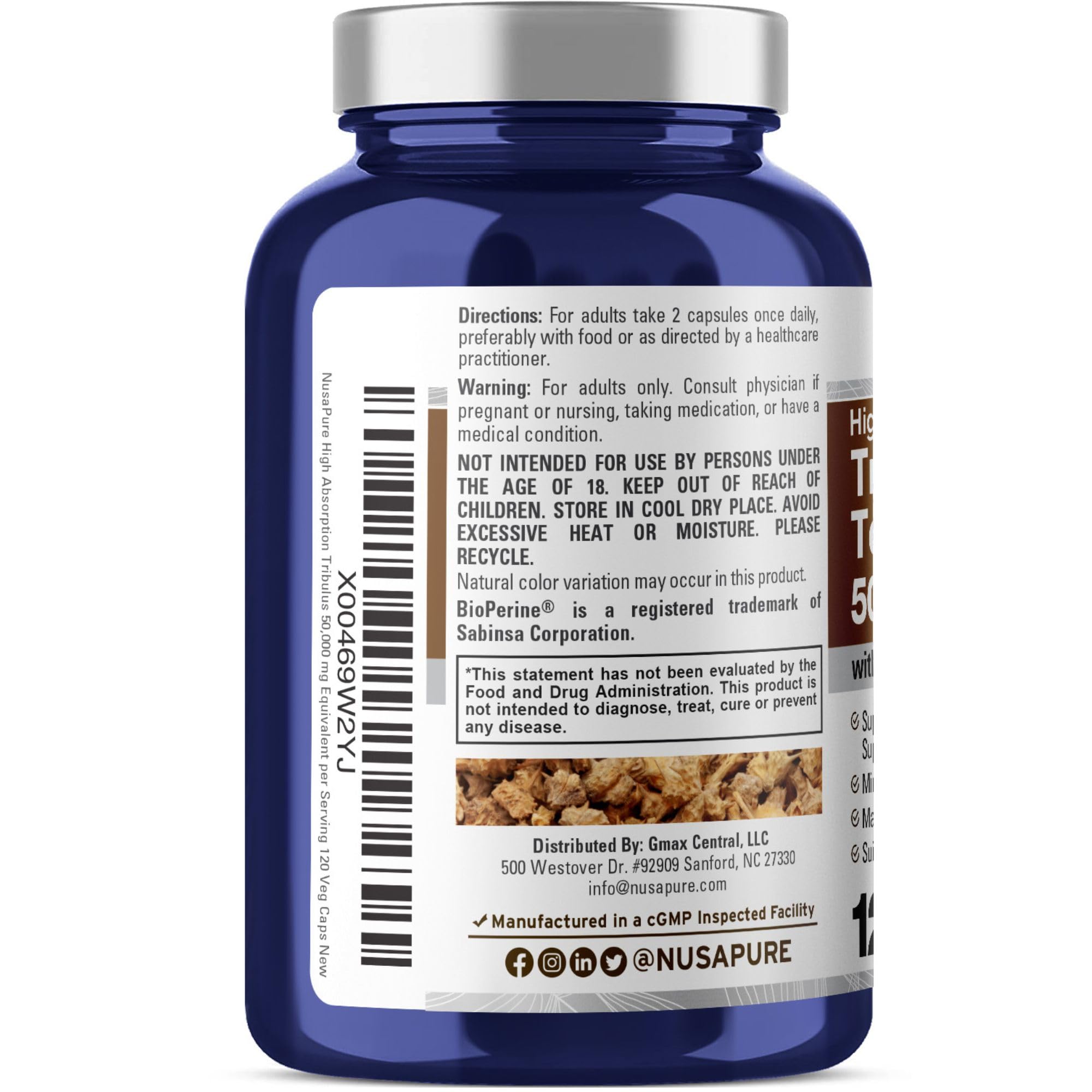 NusaPure Tribulus Terrestris 50:1 Extract, 1000 mg Equivalent to 50,000mg| 120 Veggie Caps | 95% Steroidal Saponins | Non-GMO, Bioperine & Vegan NusaPure uk supplements