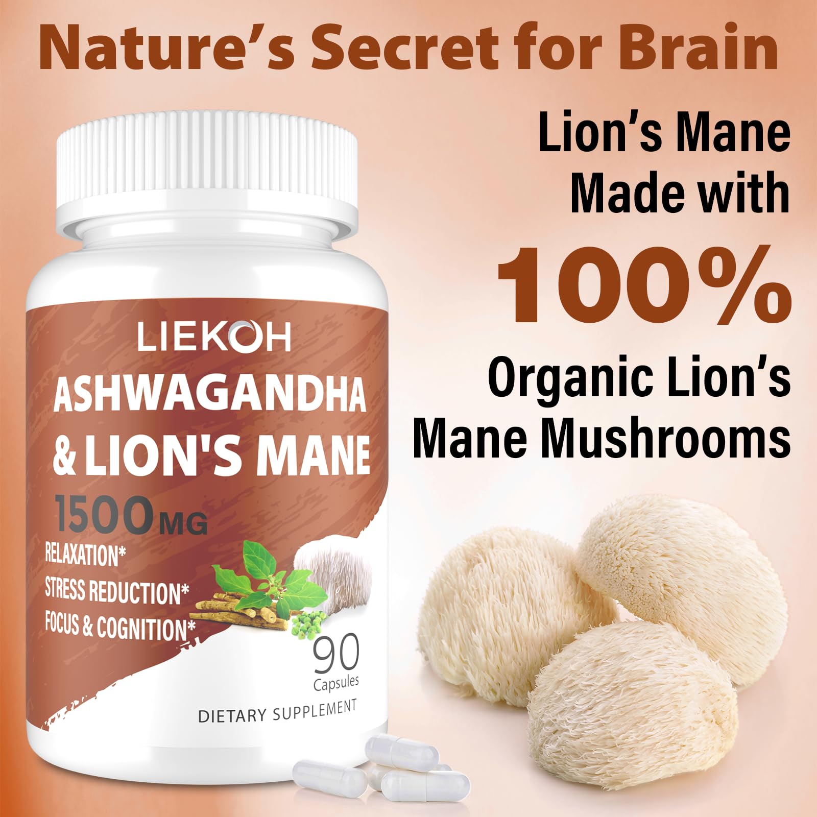 Liekoh Ashwagandha & Lions Mane Supplement Capsules, Brain Supplements for Memory and Focus, Ashwagandha Supplement with Rhodiola & Black Peppe, Cortisol Supplements for Women & Men,90 Caps Liekoh uk supplements