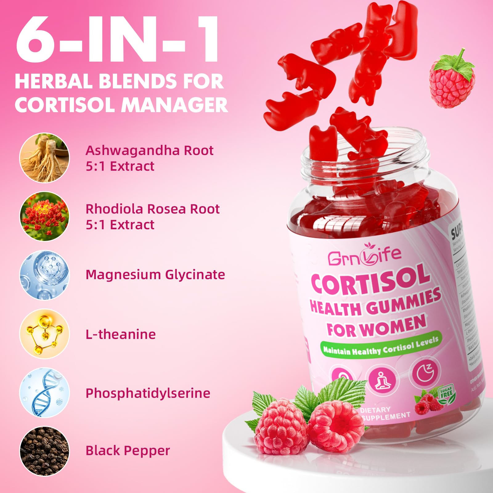 Cortisol Gummies for Women, Cortisol Supplements Gummies with Magnesium Ashwagandha Rhodiola Rosea and L-theanine Complex for Relaxation and Focus, Zzz Support, Raspberry Flavor, 60 Count GrnLife uk supplements